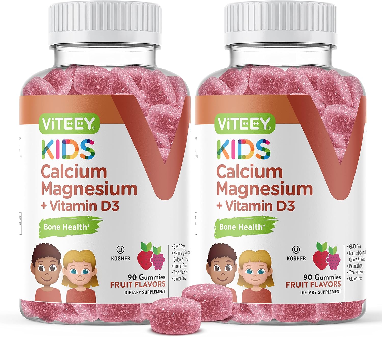 Viteey Kids Calcium Gummies + Vitamin D3 & Magnesium Citrate for Kids and Teens - Supports Bone Health, Immune Support, Energy & Muscle Function - Gluten Free,GMO Free - Tasty Chewable Fruit Flavored