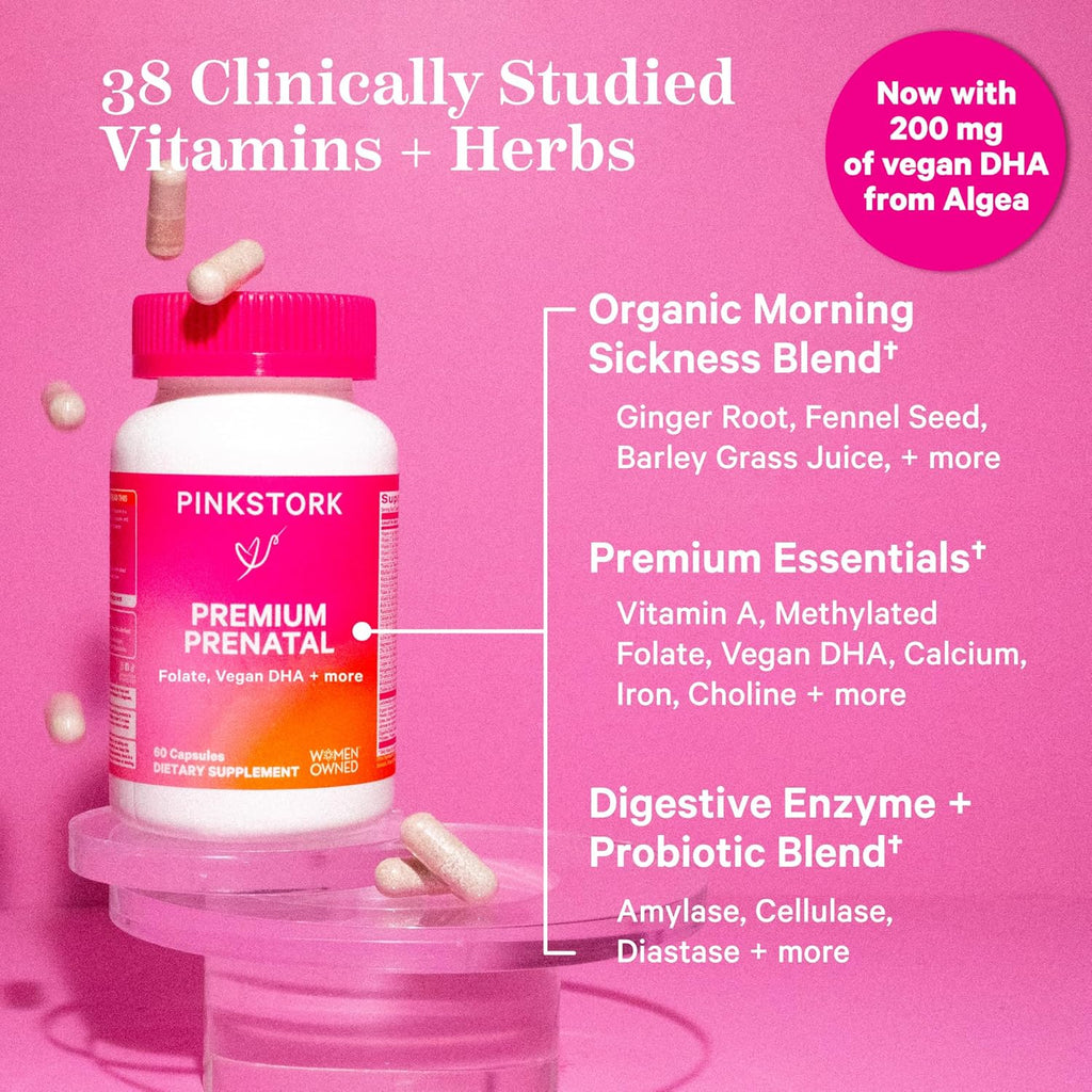 Pink Stork Premium Prenatal Vitamin for Women - Multivitamin & Probiotics - Morning Sickness, Digestion, & Energy - Folate, B6, & Iron - 60 Capsules - 2 Pack