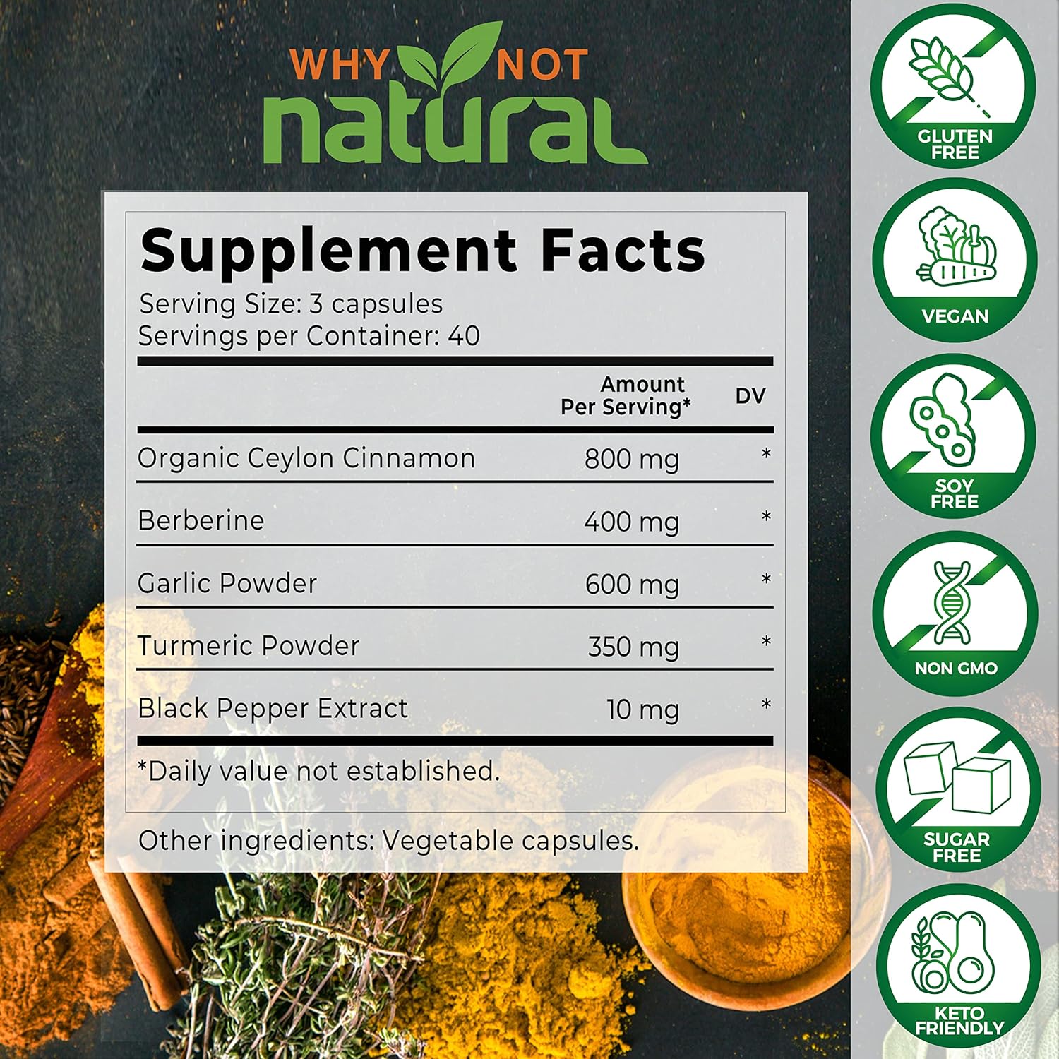 5-in-1 Organic Ceylon Cinnamon Capsules with Berberine, Garlic, Turmeric, Black Pepper Extract Pills