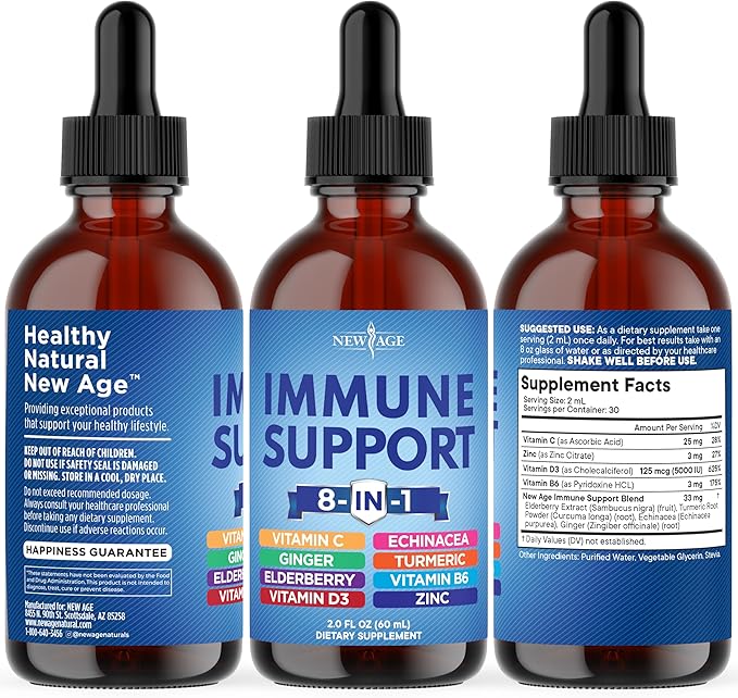 NEW AGE 8-in-1 Immune Support Liquid Drops – Elderberry, Turmeric Curcumin, Echinacea, Ginger, Vitamins C & D3, Zinc & B6 – Fast-Absorbing Immune & Antioxidant Support – Vegan, Non-GMO – 2 oz