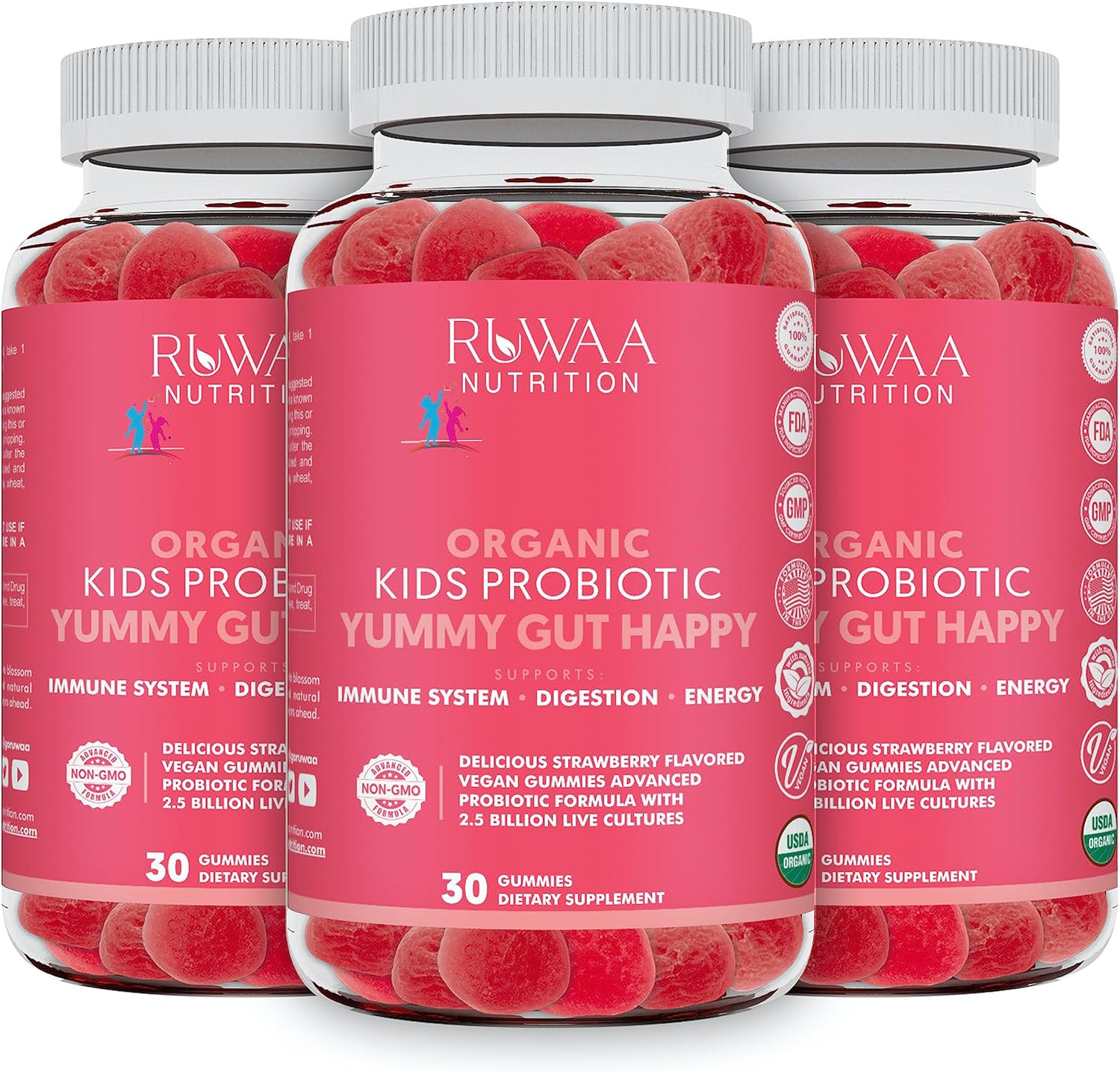 Kid Probiotic Gummies For Digestive Health, Chewable Daily Probiotic For Kids Ages 4+. Oral Care, Abdominal Discomfort, Gut Health. Strawberry Flavor, USDA Organic, Probiotics for Children 90ct (3)