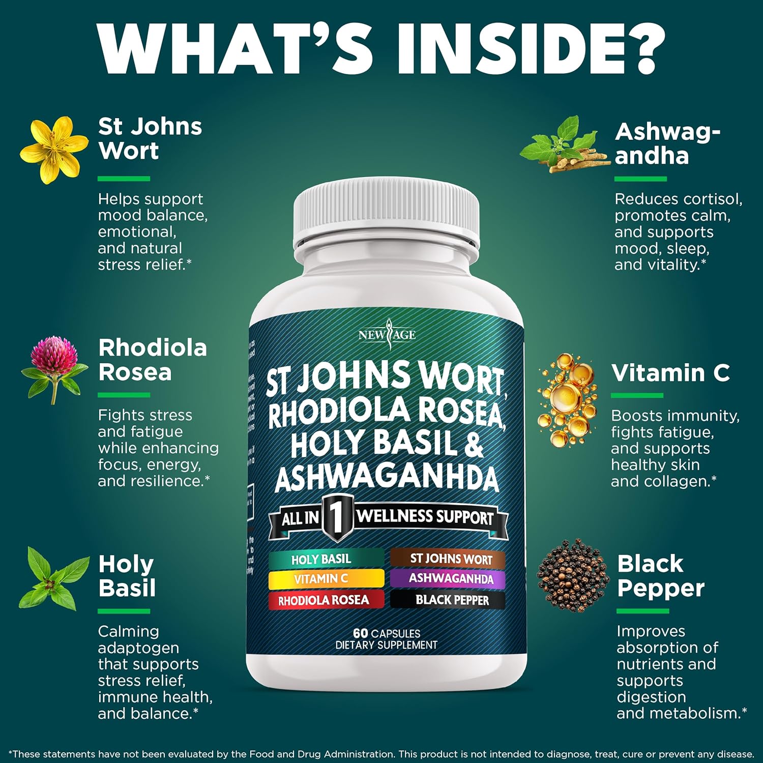NEW AGE St Johns Wort, Rhodiola Rosea, Holy Basil, Ashwagandha - Support for Women and Men with Vitamin C & Black Pepper Extract - 120 Count
