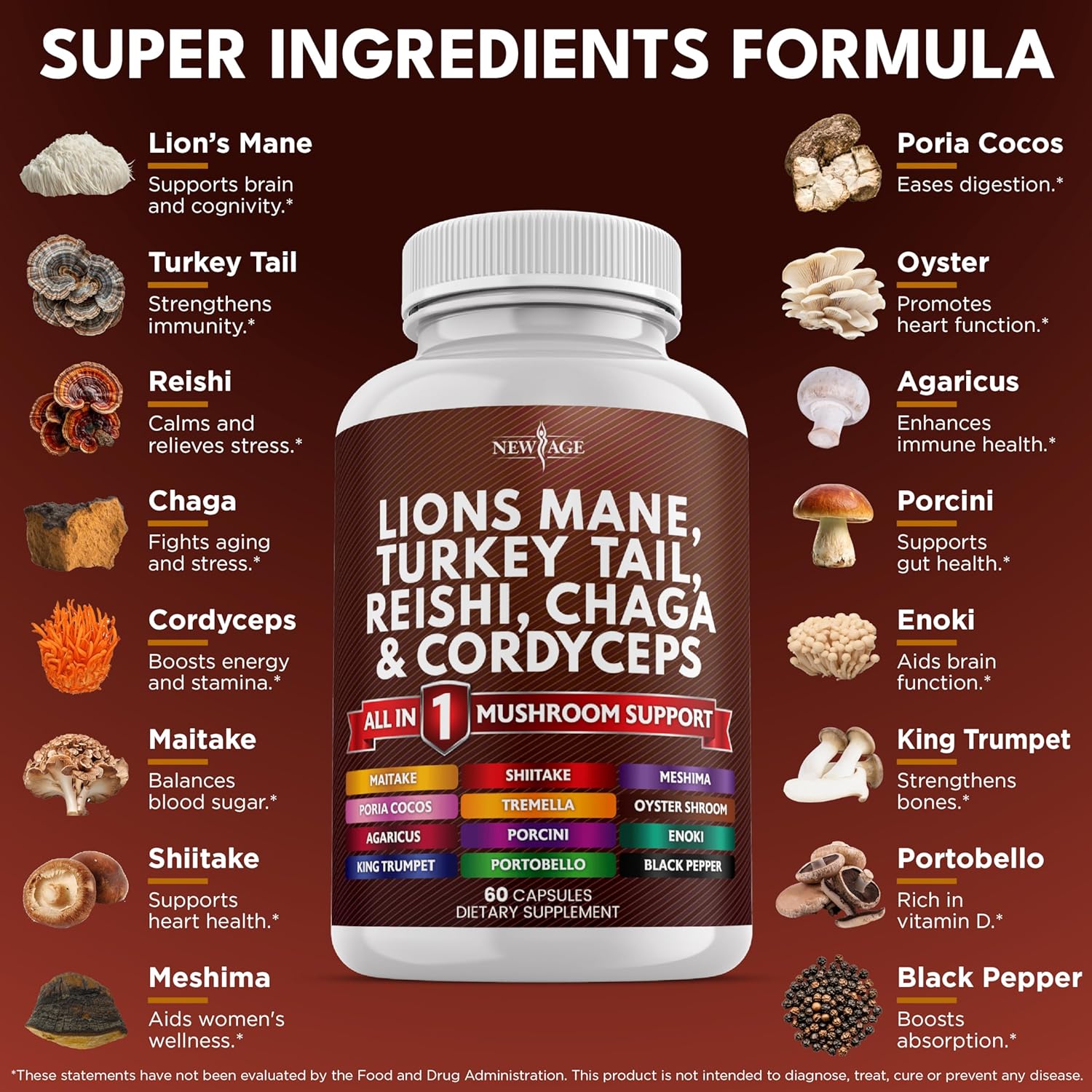 NEW AGE Lions Mane Mushroom Supplement with Turkey Tail Reishi Cordyceps Chaga with Marshmallow Root 180 Count