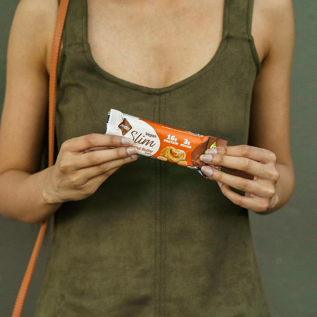 NuGo Slim Dark Chocolate Crunchy Peanut Butter, 17g Vegan Protein, 3g Sugar, 7g Fiber, Low Net Carb, Keto Friendly, Gluten Free, 12 Count