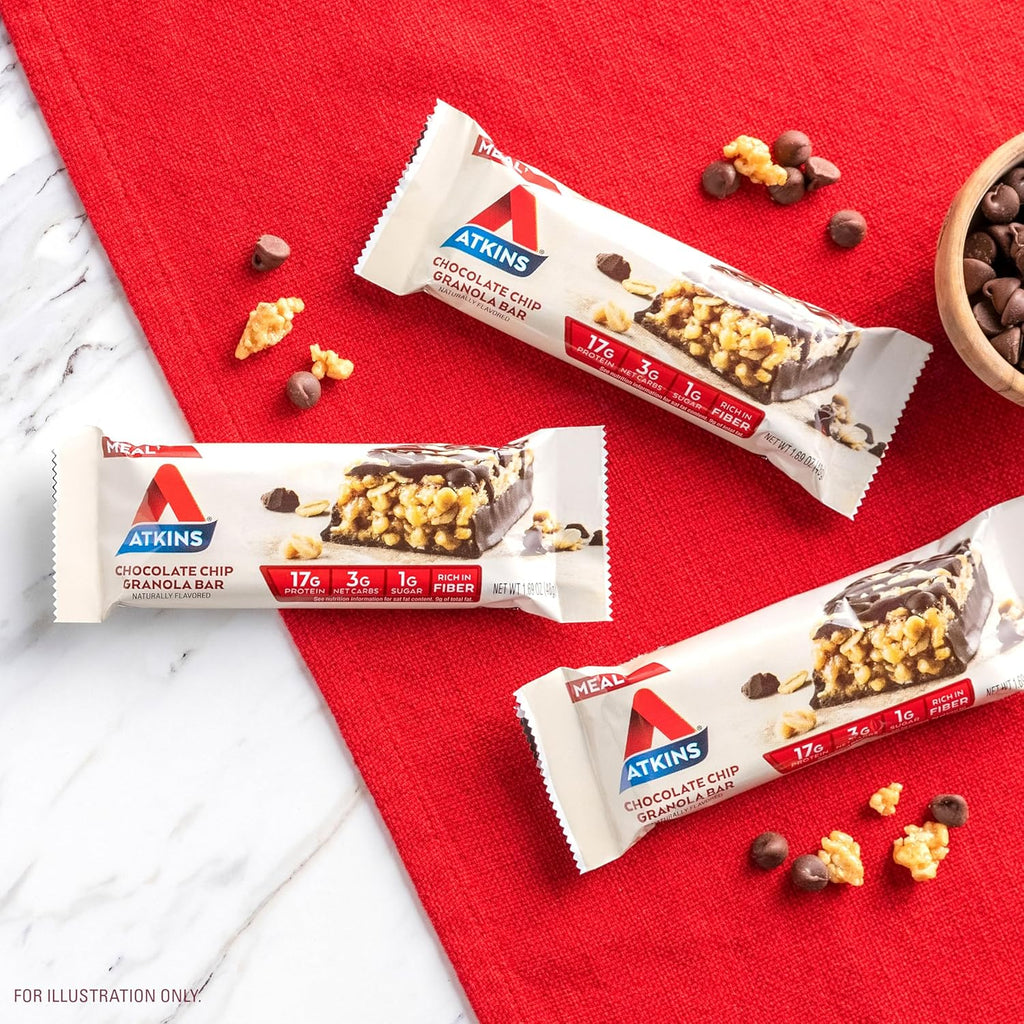Atkins Chocolate Chip Granola Protein Bar, High Fiber, Low Sugar, 17g Protein, 3g Net Carb, High Protein Bars, Keto Friendly, 12 Count