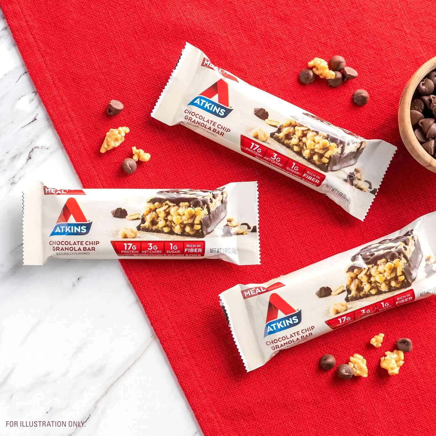 Atkins Chocolate Chip Granola Protein Bar, High Fiber, Low Sugar, 17g Protein, 3g Net Carb, High Protein Bars, Keto Friendly, 12 Count
