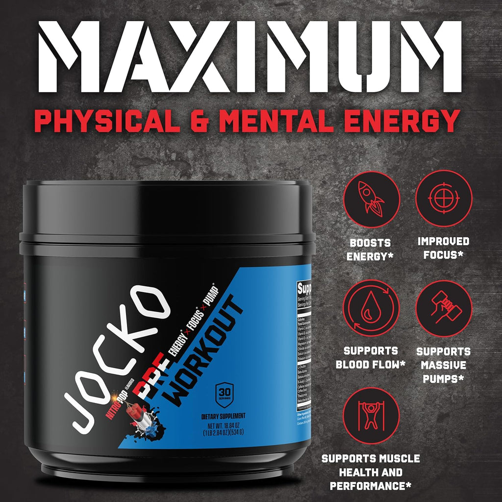 Jocko Fuel Pre Workout for Men & Women - High Stim Low Sugar Blend with Beta Alanine + L-Citrulline, Support Muscle Pump, Energy, & Recovery, 200mg of Caffeine Nitro Pop, 30 Servings 1.31lbs (594 G)