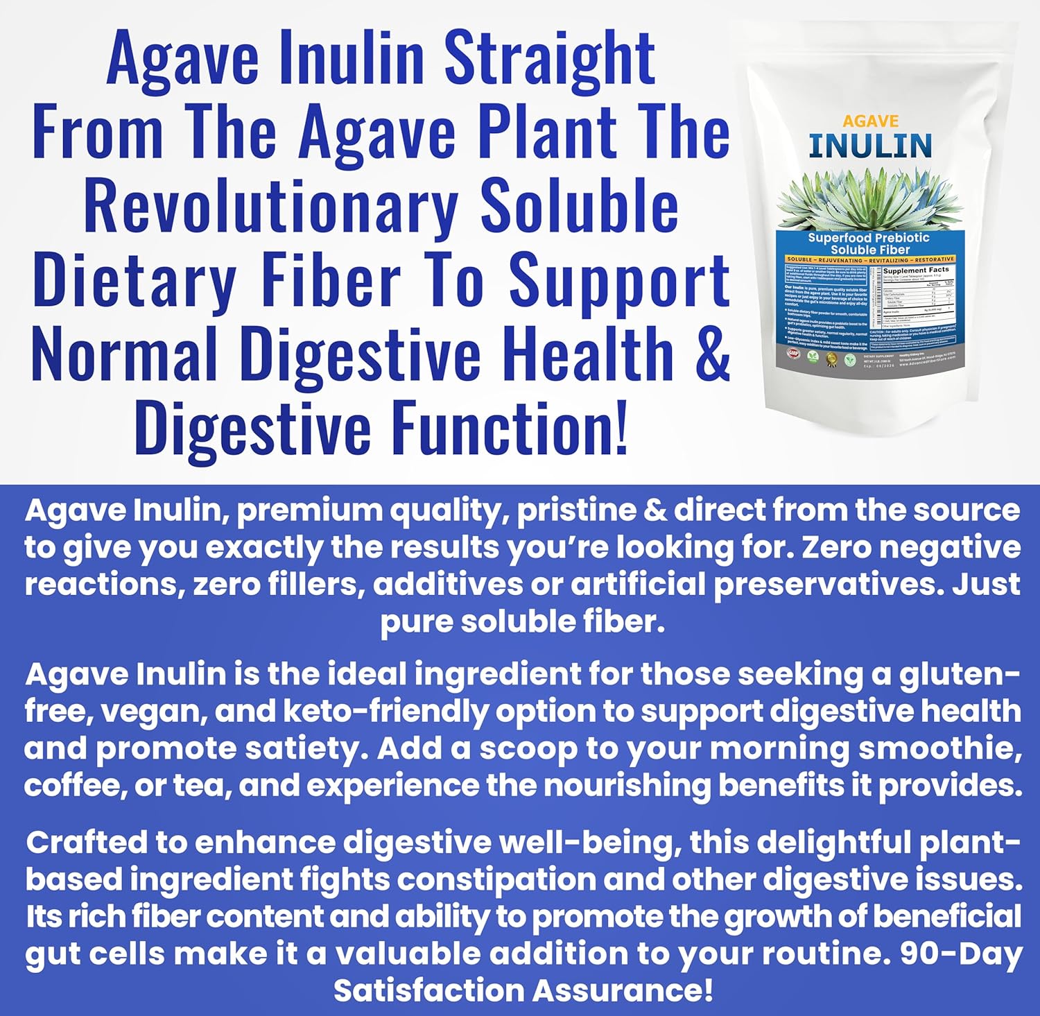 Inulin Powder (96oz/6 lbs) Gentle Agave Prebiotic Soluble Fiber Supplement for Digestive Support, Gut Health, Vegan Baking, Smoothies & Drinks