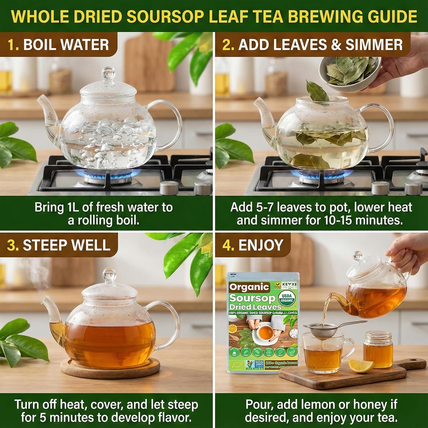 KEYXE Soursop Dried Leaves Tea USDA Organic Certified & Non GMO Verified, Caffeine Free, No Gluten, Vegan, 270-300 Whole Dried Soursop Leaves, Wildcrafted, Hoja De Guanabana