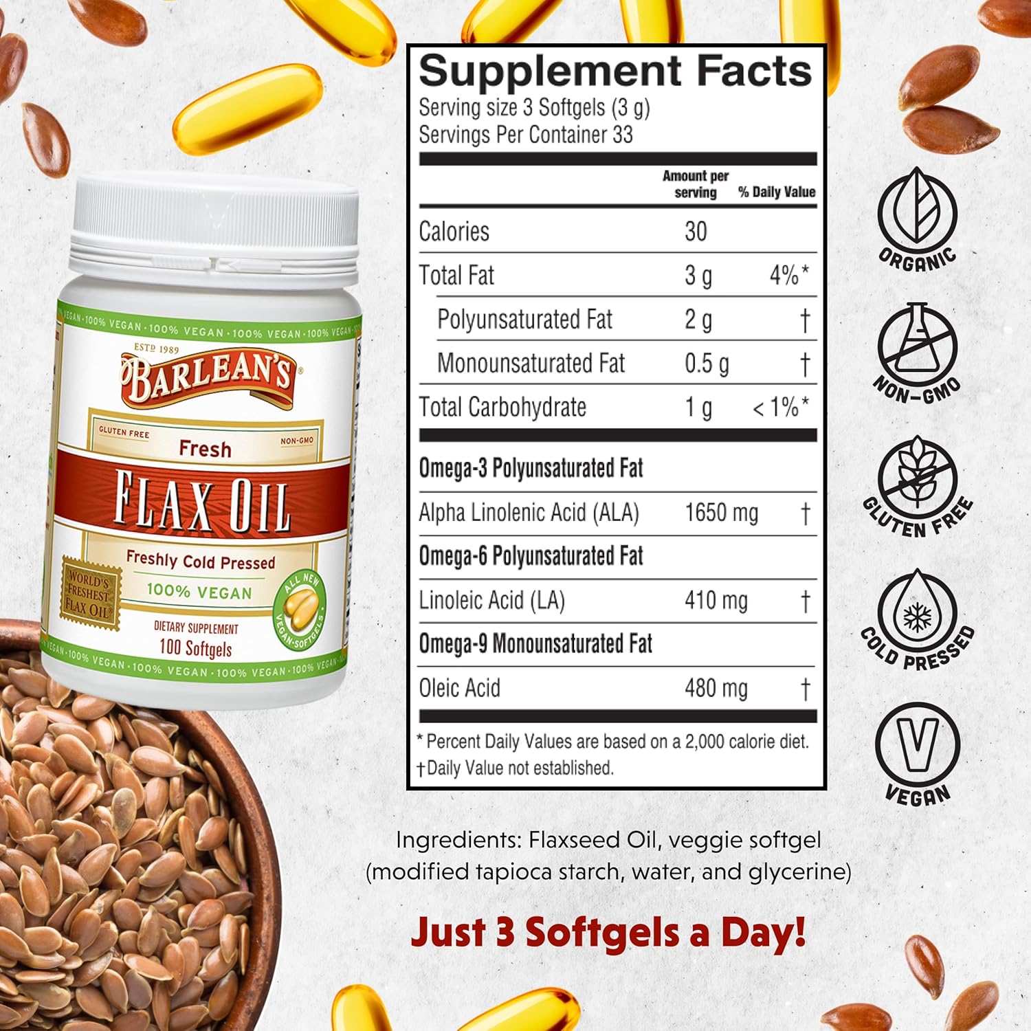 Barlean's Vegan Flaxseed Oil Supplements, Cold-Pressed Flax Seed Supplement Softgels with 1650 mg ALA Fatty Acids, 100 Count