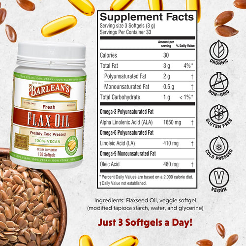 Barlean's Vegan Flaxseed Oil Supplements, Cold-Pressed Flax Seed Supplement Softgels with 1650 mg ALA Fatty Acids, 100 Count