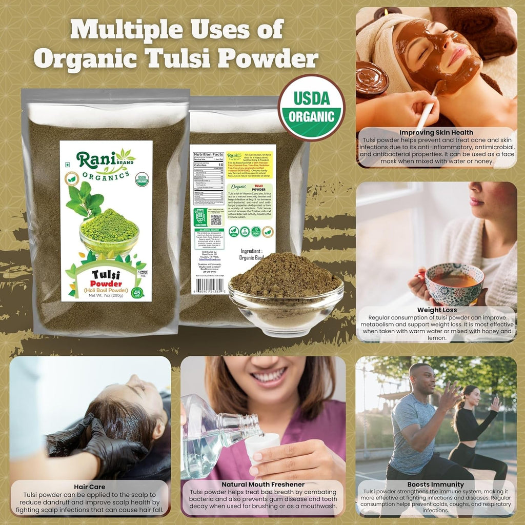 Rani Organic Tulsi Powder (Holi Basil Powder) 7oz (200g) ~ All Natural | No Color | Gluten Friendly | Vegan | NON-GMO | Kosher | No Salt or fillers | Indian Origin | USDA Organic Certified