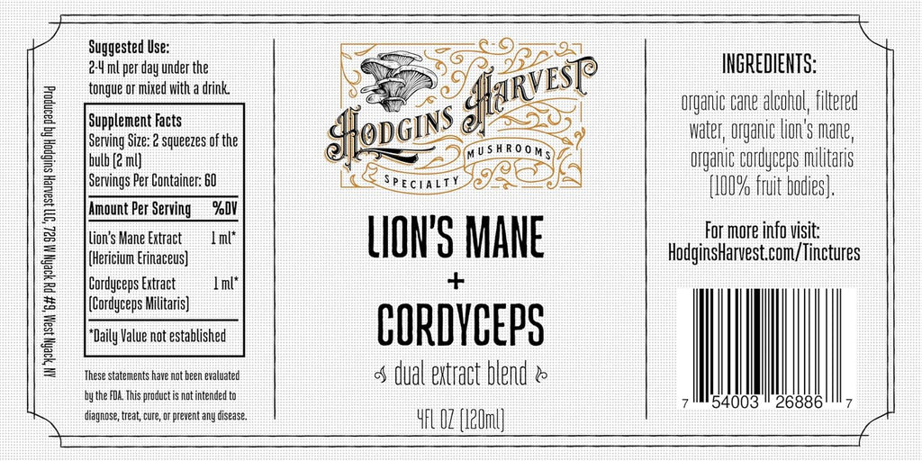 Hodgins Harvest Organic Lion’s Mane + Cordyceps Tincture | Made with Mushrooms Grown On Our Farm in The USA | Dual Extract | Extra-Concentrated (4 fl oz)