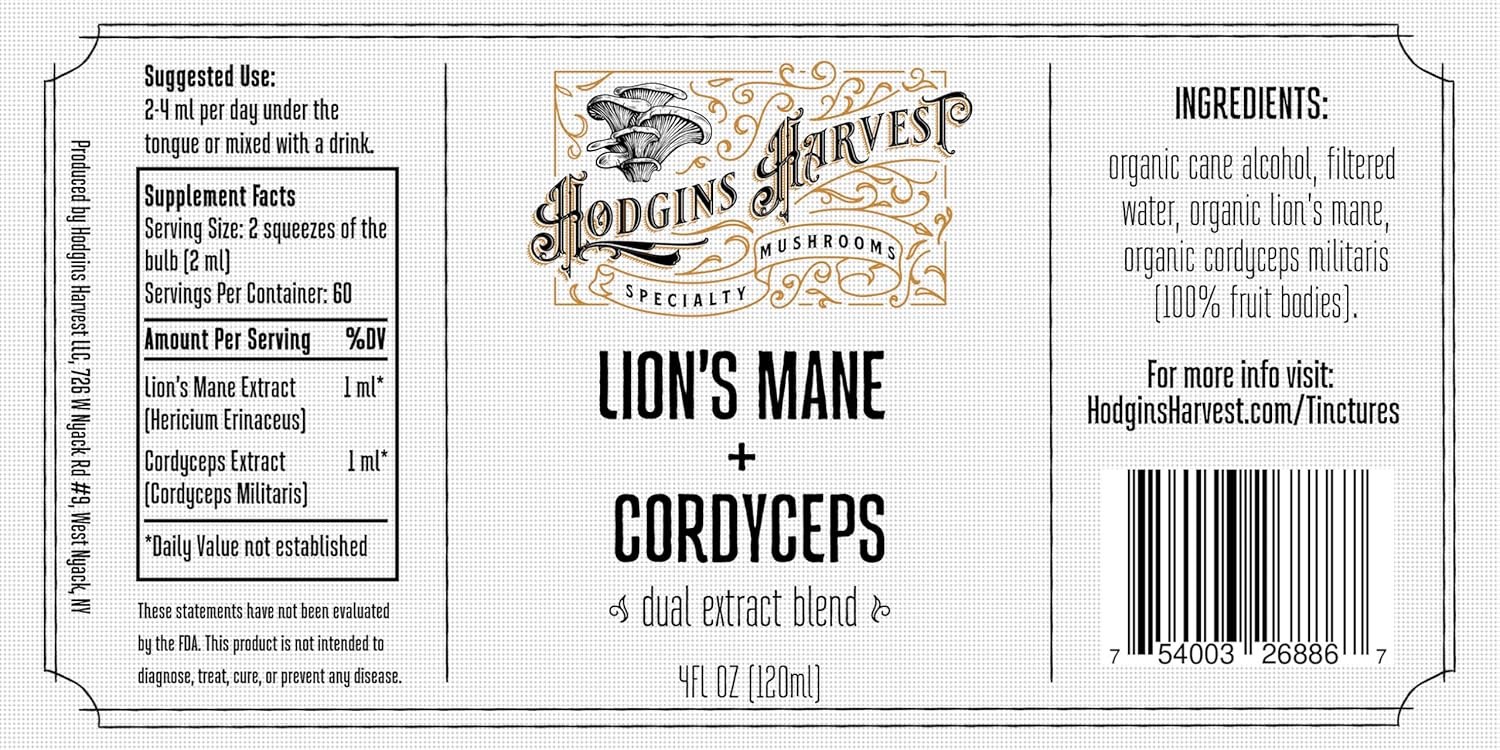 Hodgins Harvest Organic Lion’s Mane + Cordyceps Tincture | Made with Mushrooms Grown On Our Farm in The USA | Dual Extract | Extra-Concentrated (4 fl oz)