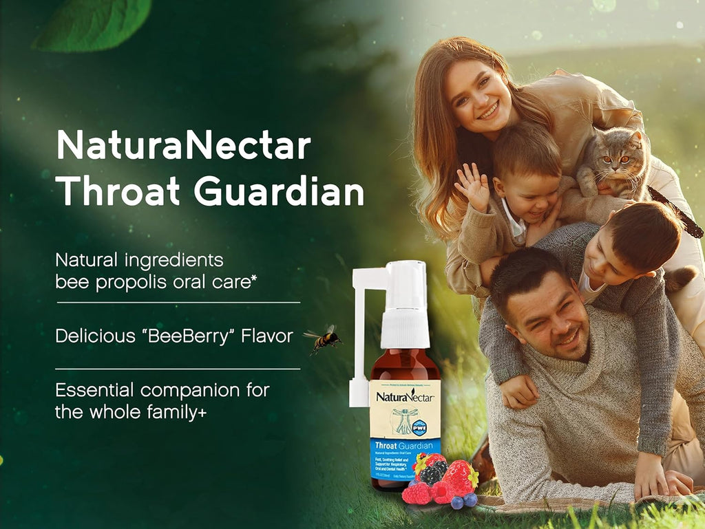 NaturaNectar - Bee Propolis Throat Spray - Unique Throat Relief and Wellness Agent - Brazilian Bee Propolis Throat Guardian Spray - Ethical Beekeeping - Honey Bee Berry Flavor (2-Pack, 1.06 Fl Oz.)