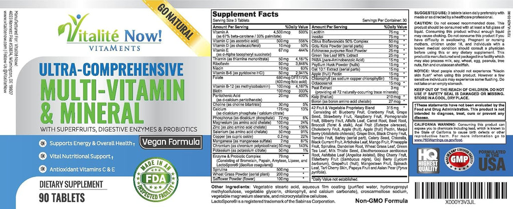Vegan Whole Food Multivitamin & Mineral - Vitamins A B1 B2 B6 B12 C D3 E & 110 Super Foods, Herbs, Greens & Reds - Enzymes & Probiotics for Immune Support - Energy Boost - 90 Tablets