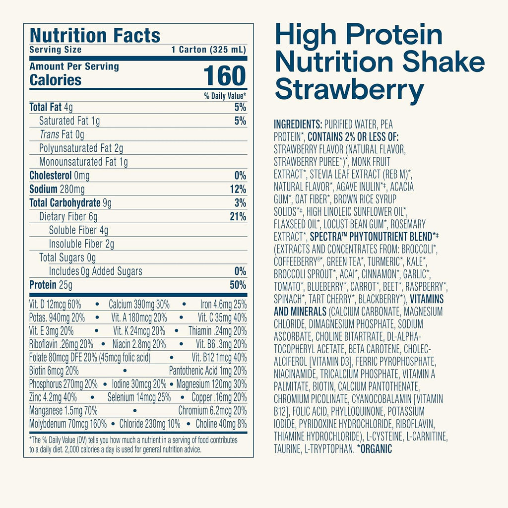 KATE FARMS Organic High Protein Strawberry Nutrition Shake, 25g Protein, 6g Fiber, 27 Vitamins and Minerals, 0g Sugar, Protein Drink, 11 oz (12 Pack)