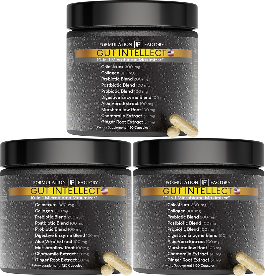 Gut Intellect 10-in-1 Microbiome Supplement, Prebiotics, Probiotics, Postbiotics, Colostrum, Collagen, Aloe Vera, Chamomile, Ginger, Enzymes, Digestive, 120 Cap - 2 Months (3 Pack)