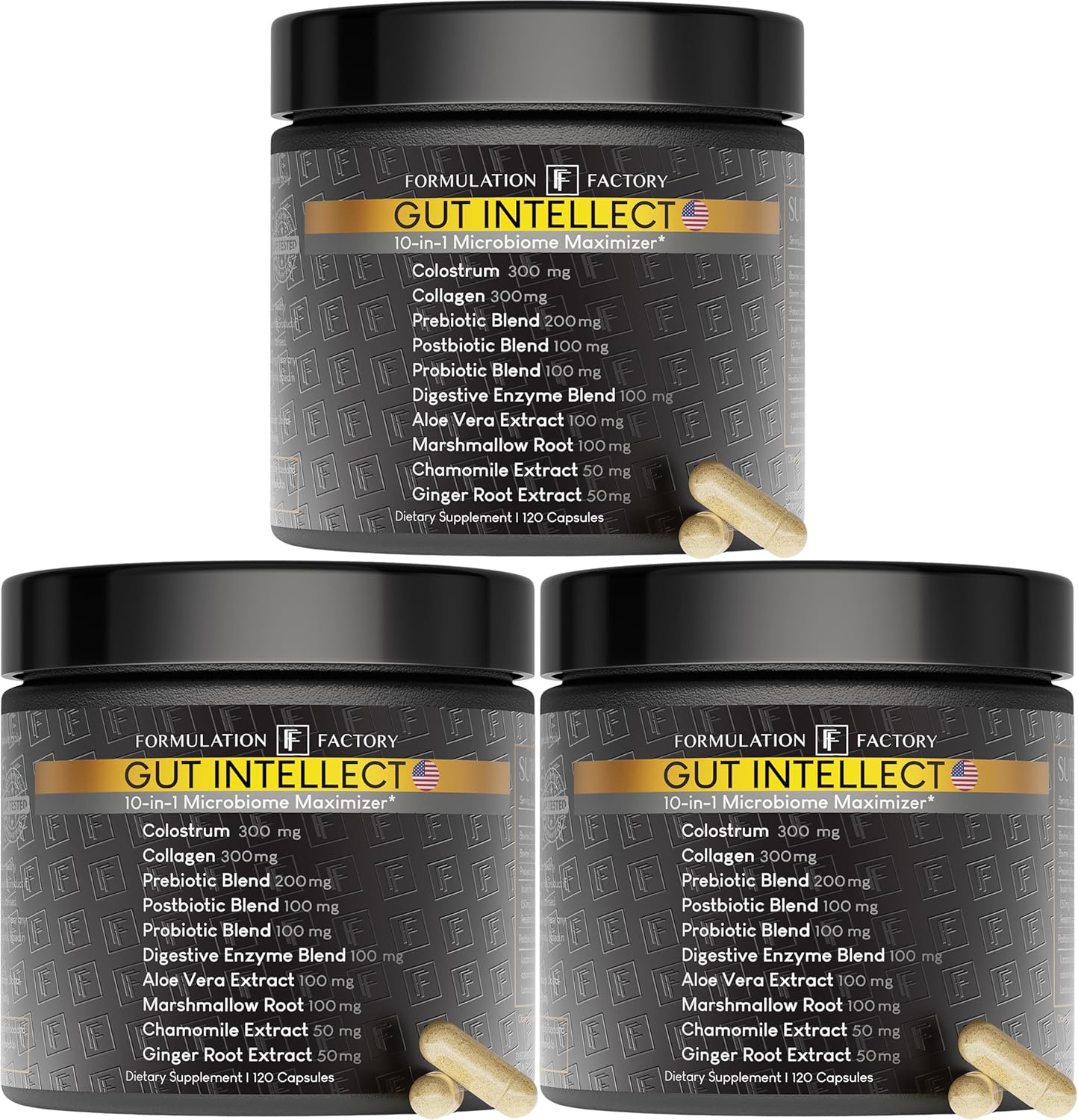 Gut Intellect 10-in-1 Microbiome Supplement, Prebiotics, Probiotics, Postbiotics, Colostrum, Collagen, Aloe Vera, Chamomile, Ginger, Enzymes, Digestive, 120 Cap - 2 Months (3 Pack)