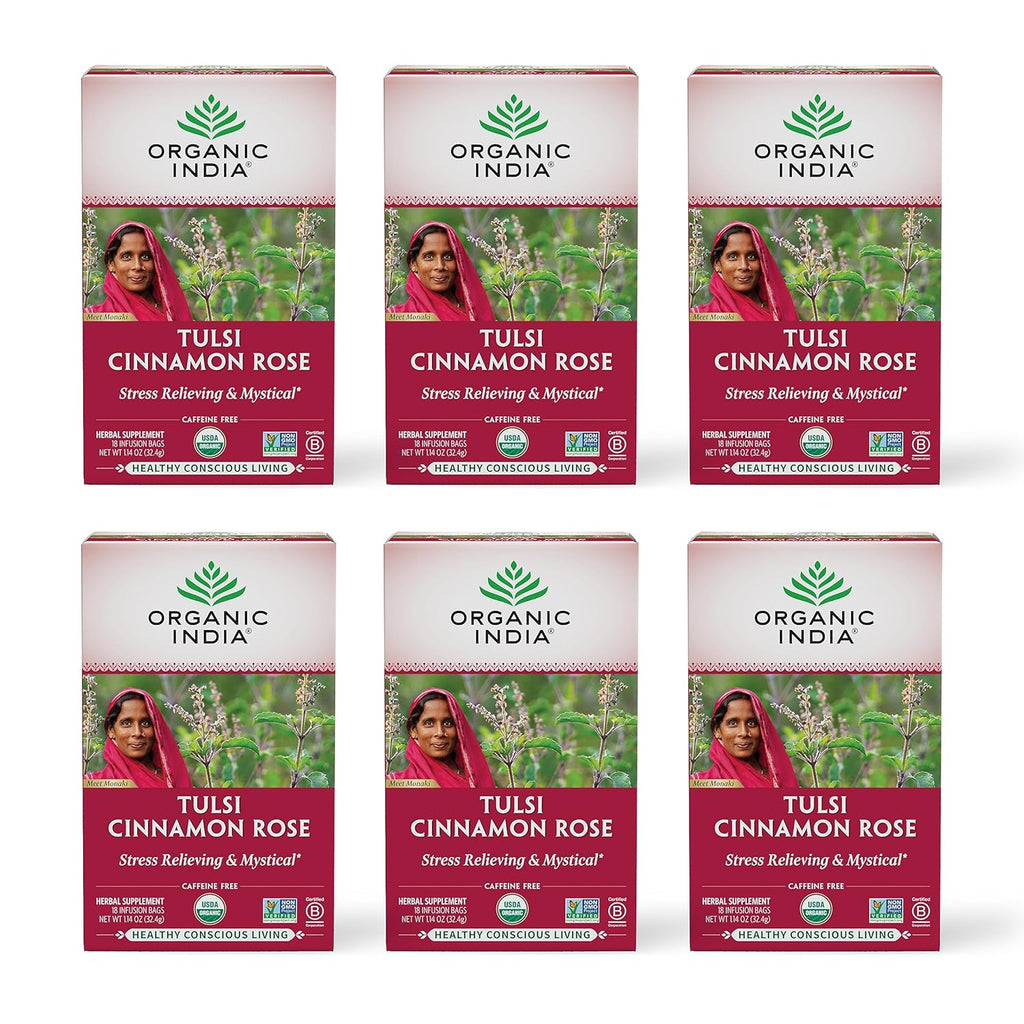 ORGANIC INDIA Tulsi Cinnamon Rose Tea Bags - Tulsi Rose Tea Bags, Cinnamon Tea Bags with Holy Basil, Chamomile, Stevia, USDA Certified Organic Caffeine Free Herbal Tea - 18 Infusion Bags, 6 Pack