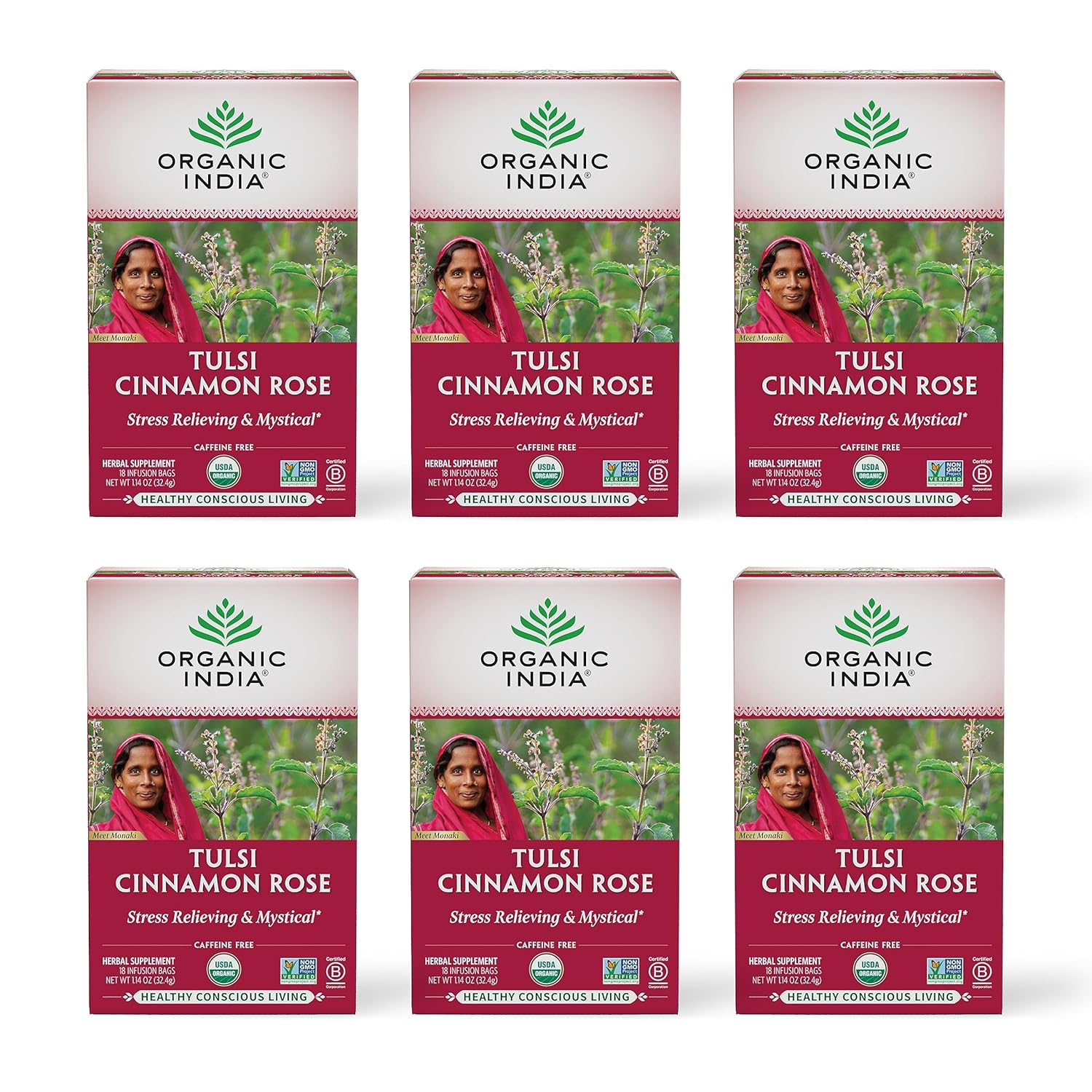 ORGANIC INDIA Tulsi Cinnamon Rose Tea Bags - Tulsi Rose Tea Bags, Cinnamon Tea Bags with Holy Basil, Chamomile, Stevia, USDA Certified Organic Caffeine Free Herbal Tea - 18 Infusion Bags, 6 Pack