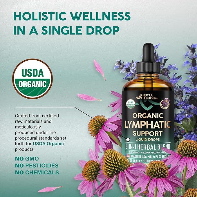 USDA Organic Lymphatic Drainage Supplement - Echinacea | Elderberry | Dandelion | Rosehip | Cleavers | Calendula | Burdock - Made in USA - Lymph System Drops - Immune Support, Cleanse & Detox, 4 fl oz