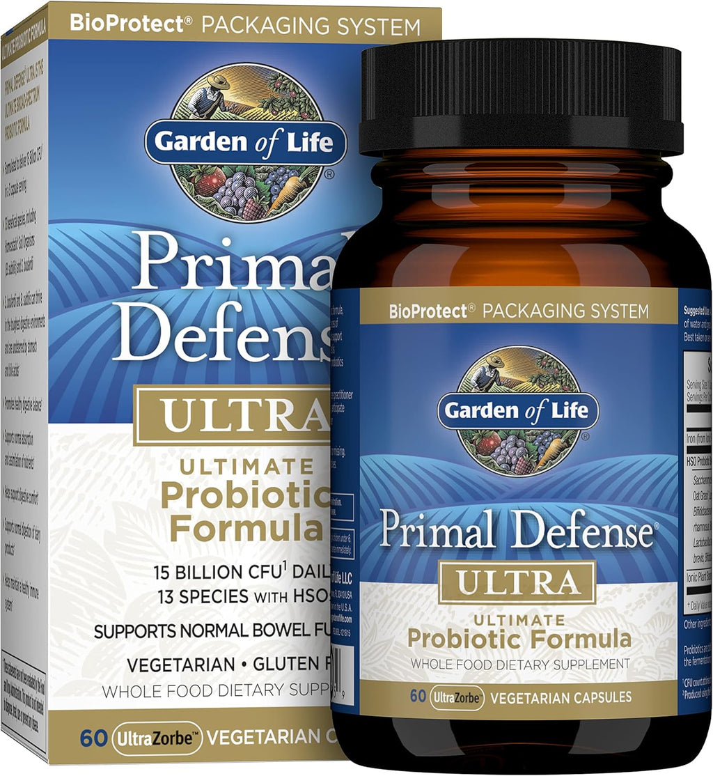 Garden of Life Probiotics for Digestive Health and Gut Health Balance, Primal Defense Ultra Ultimate Formula, 15 Billion CFU and 13 Strains Plus HSOs, Vegetarian and Gluten Free, 60 Capsules