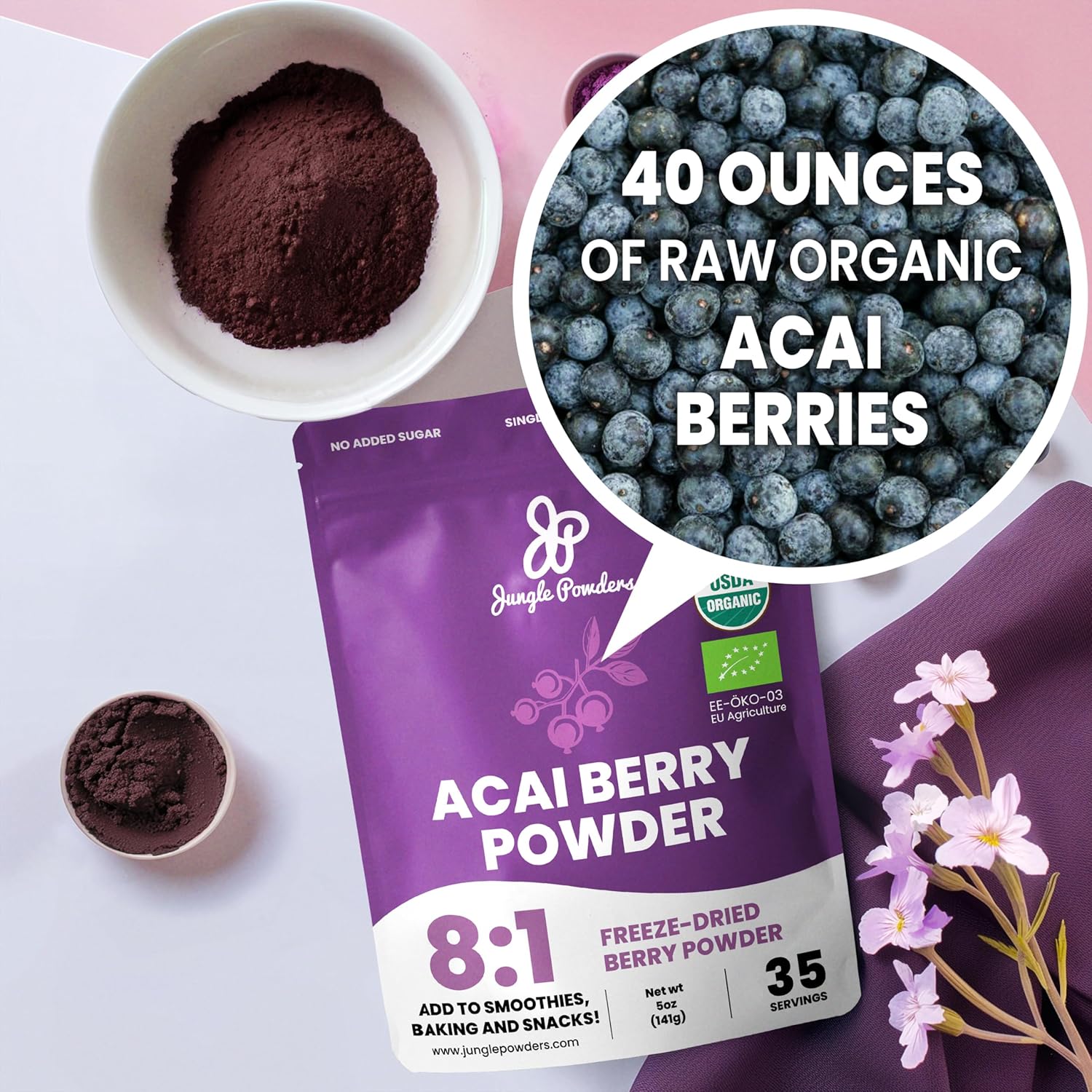Organic Acai Powder 5 Ounce Bag Freeze Dried Acai Berry Powder from Whole Berries, Antioxidant-Rich Acai Powder Organic for Smoothie Bowls, Acai Berries Superfood Smoothie Powder