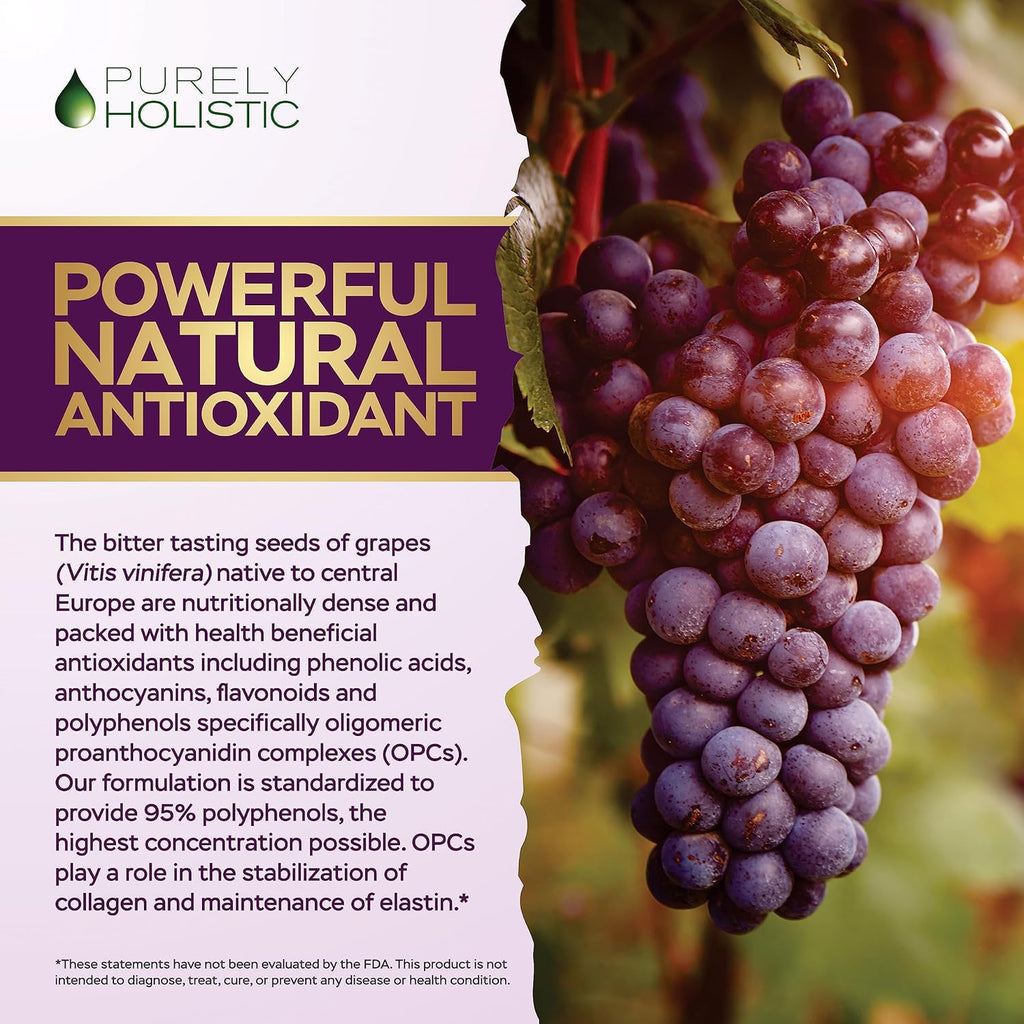 Purely Holistic Grape Seed Extract 20,000mg - 250 Vegan Capsules - 8+ Month Supply - Standardized to 95% Polyphenols - 400 mg per Capsule - Maximum Strength Grapeseed - Non-GMO & Pesticide Free