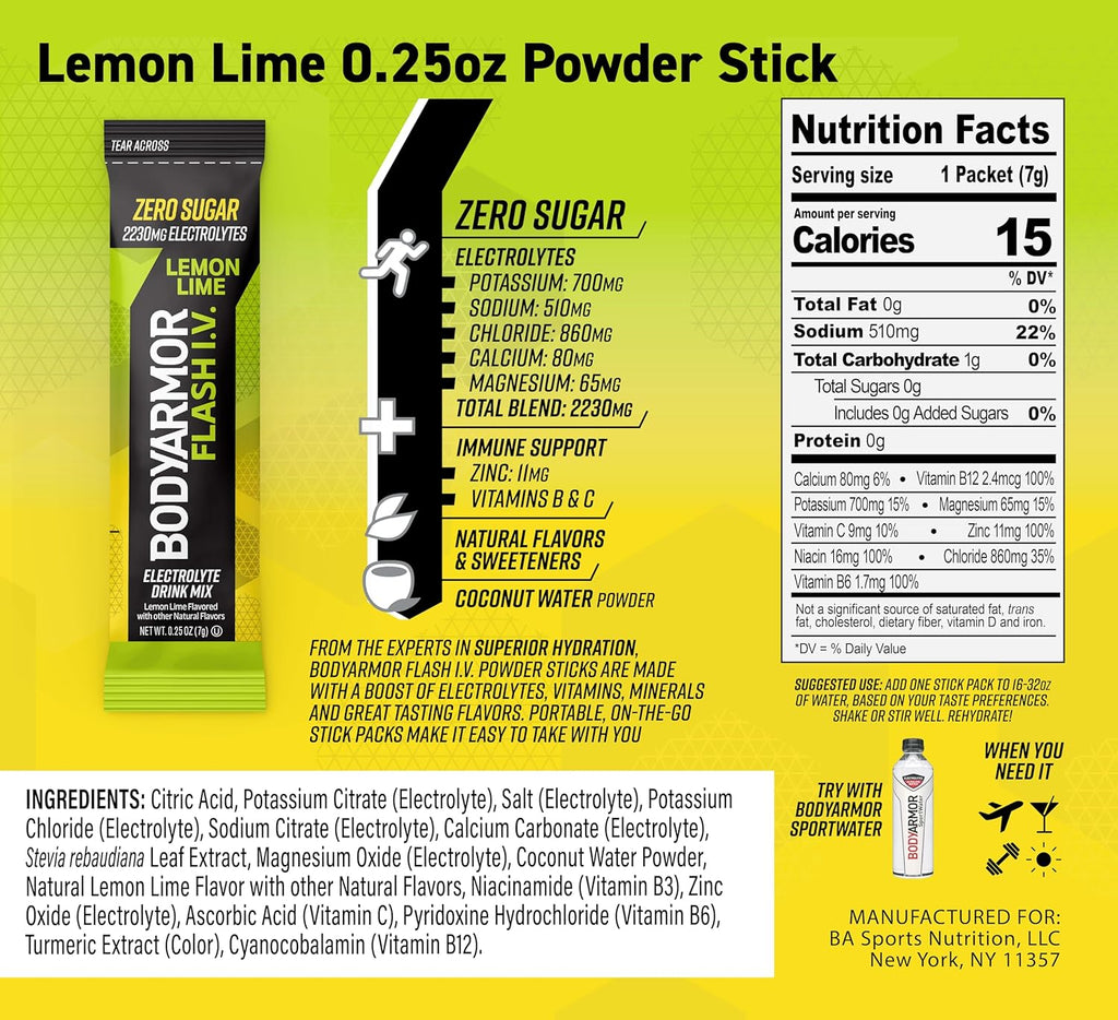 BODYARMOR Flash IV Electrolyte Packets, Lemon Lime - Zero Sugar Drink Mix, Single Serve Packs, Coconut Water Powder (6 Count)