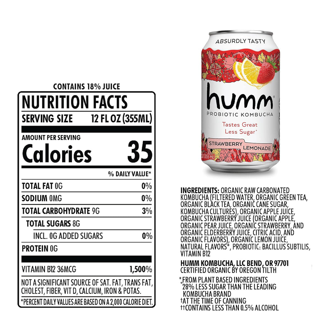 Humm Kombucha Strawberry Lemonade, Organic, Vegan & GMO Free (12 Pack)