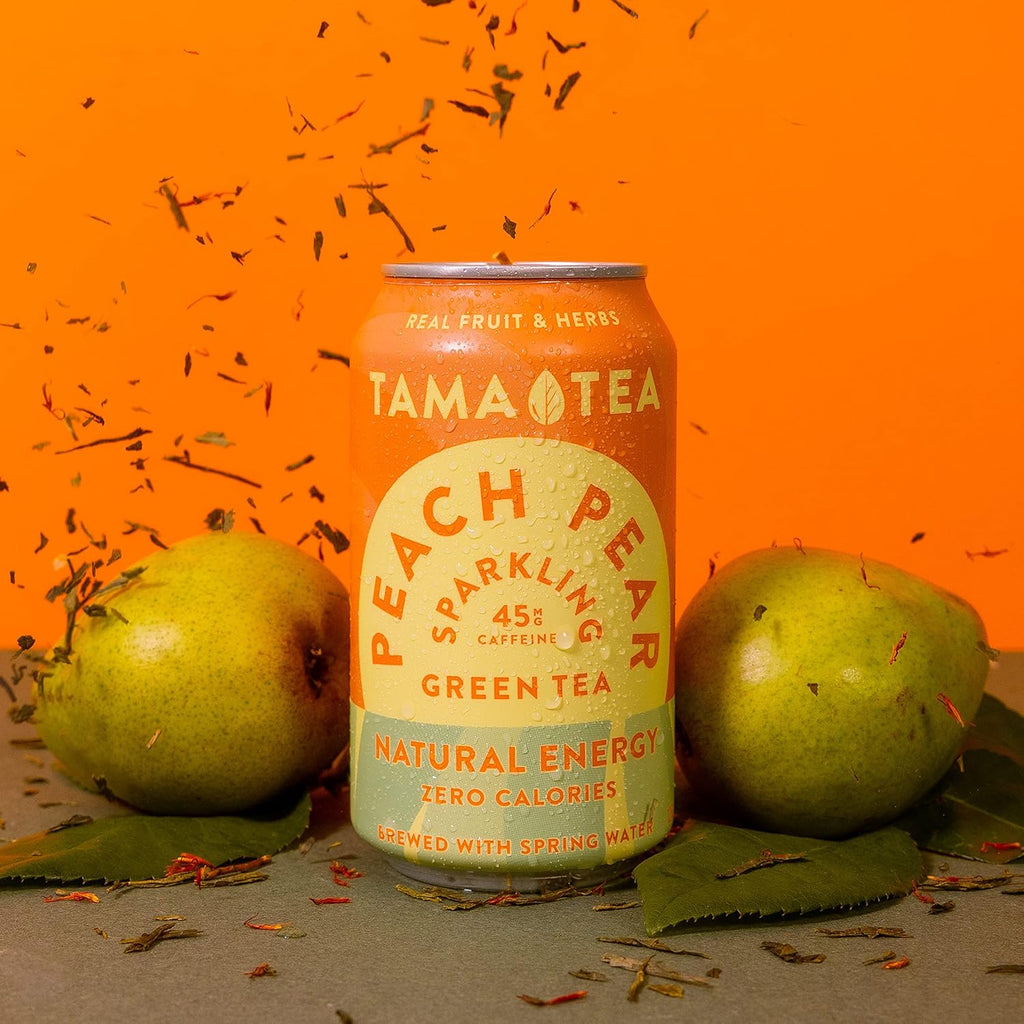 Tama Tea Sugar-Free Sparkling Green Tea, Peach Pear – Organic & Naturally Energizing – Zero Calories, Zero Carbs, Non-GMO – Antioxidant-Rich with 45mg Natural Caffeine – 12 oz Cans (12-Pack)
