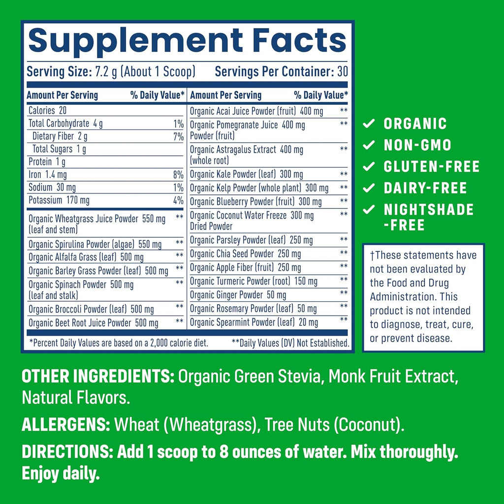 NativePath Native Greens Superfood Powder – Organic Greens, Spirulina, Beet Root Powder, Digestive Enzymes, Probiotics, Nightshade-Free, Naturally Sweetened, 30 Servings