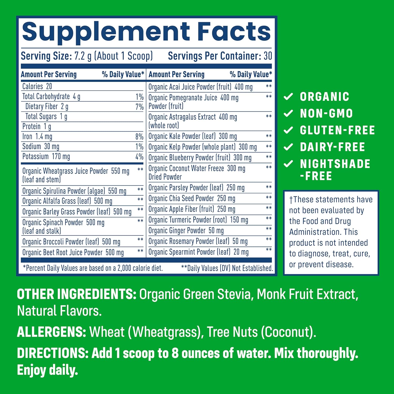 NativePath Native Greens Superfood Powder – Organic Greens, Spirulina, Beet Root Powder, Digestive Enzymes, Probiotics, Nightshade-Free, Naturally Sweetened, 30 Servings