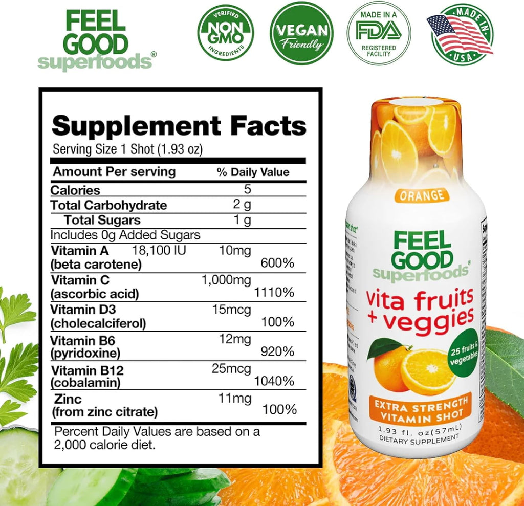 FeelGood Superfoods Vita Fruits and Veggies Immune Support Shot Supplements, Orange Flavor, Pack of 10 Immunity Shots, Immune System Booster Drink Made with 25 Organic Fruit & Vegetables
