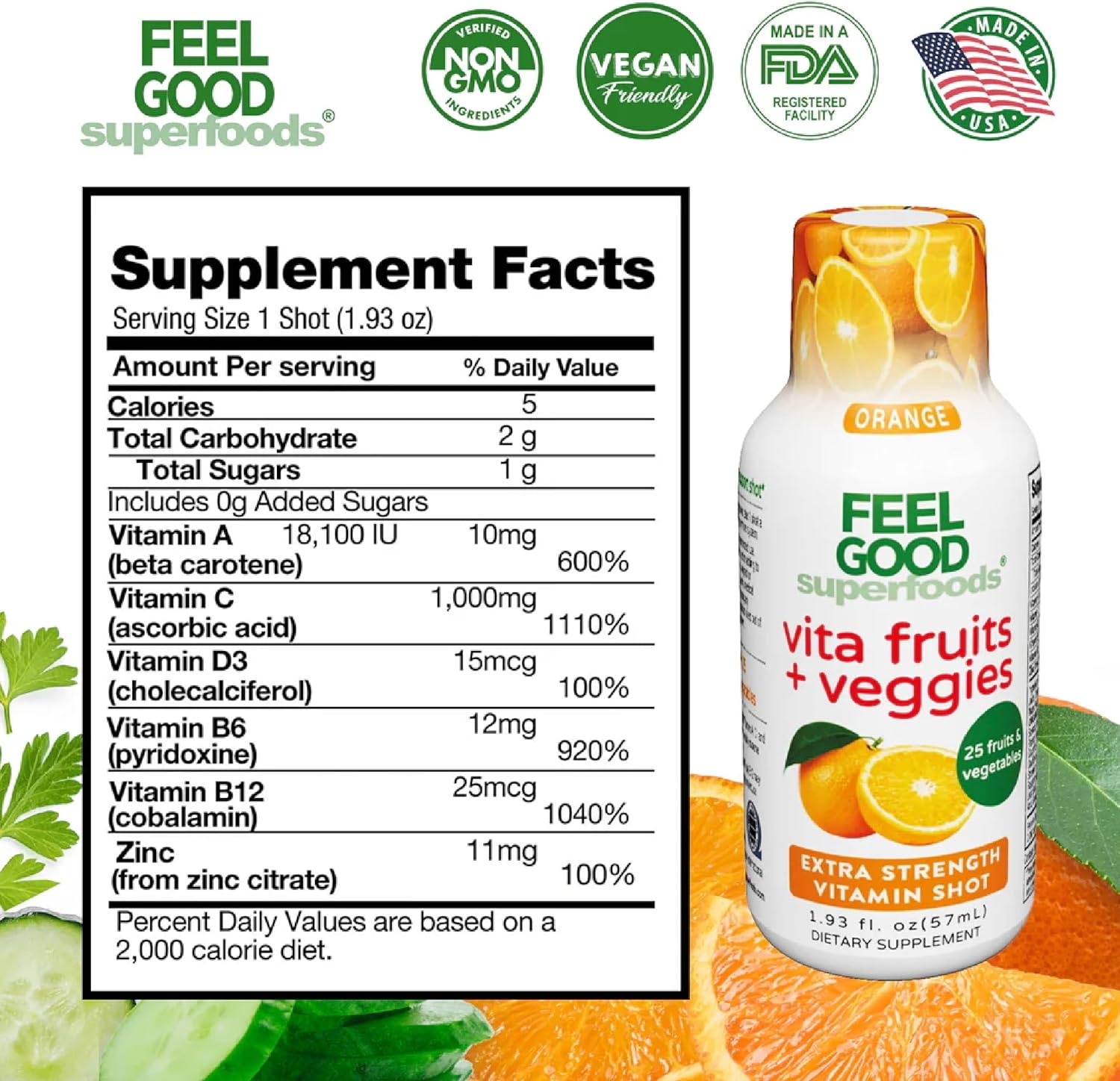 FeelGood Superfoods Vita Fruits and Veggies Immune Support Shot Supplements, Orange Flavor, Pack of 10 Immunity Shots, Immune System Booster Drink Made with 25 Organic Fruit & Vegetables