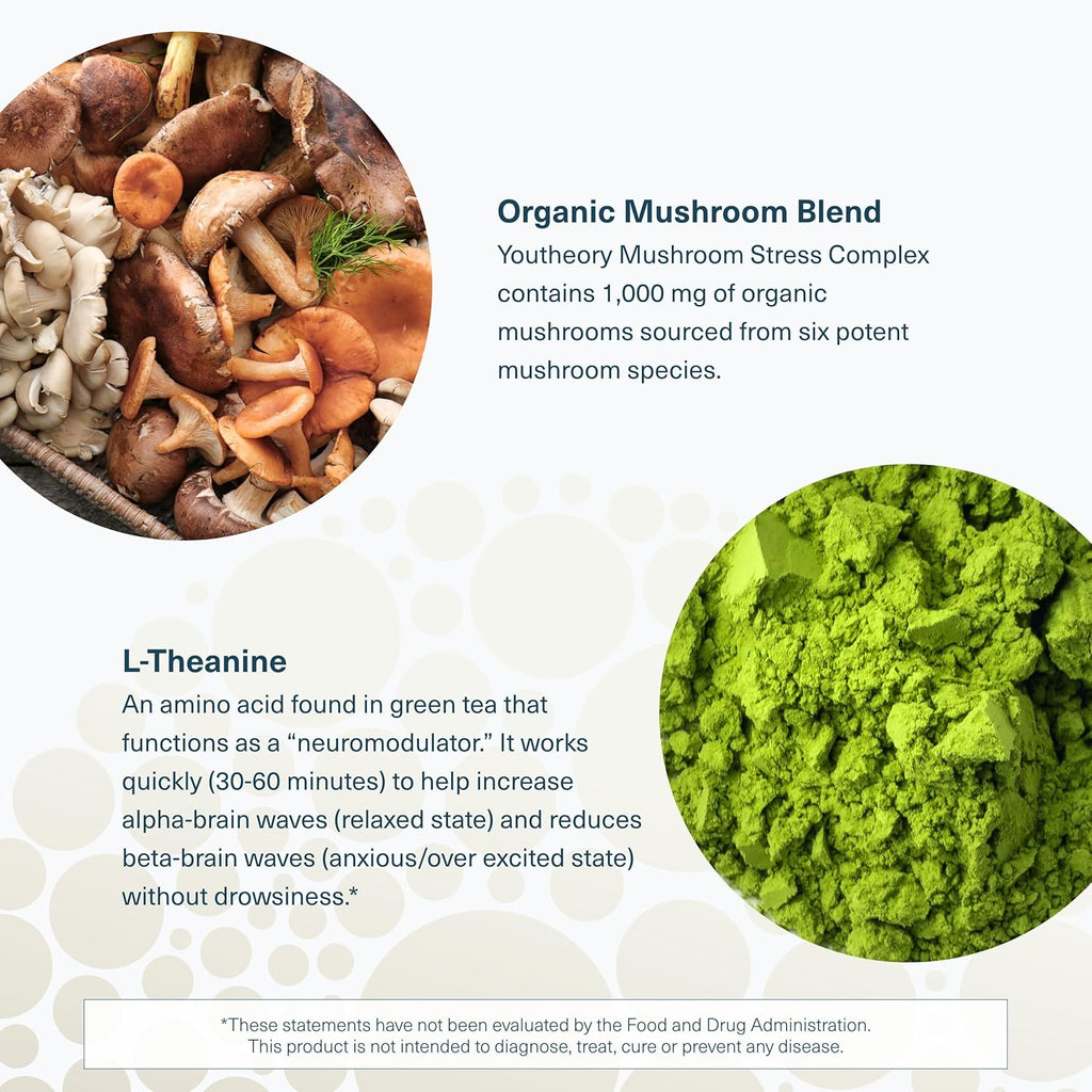 Youtheory Mushroom Stress Complex, Organic Full-Spectrum Mushrrom with L-Theanine, Help Reduce Stress and Promotes Mental Calmness, 60 Vegetarian Capsules