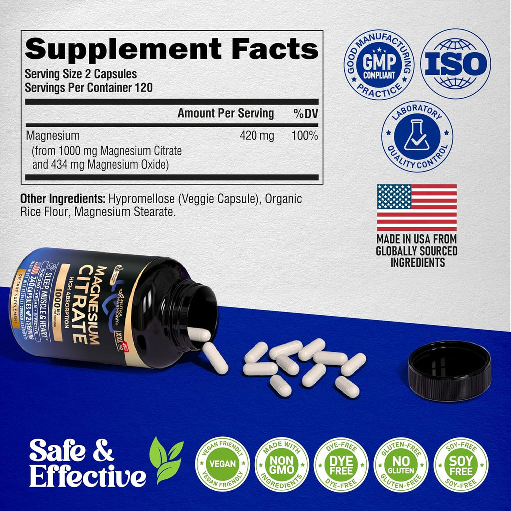Magnesium Citrate Capsules 1000mg | High Absorption Supplement - Sleep, Muscle & Heart Support - Vegan | Non-GMO - Made in USA - As Powder | Pills | Tablets - 240 Capsules, 4 Month Supply