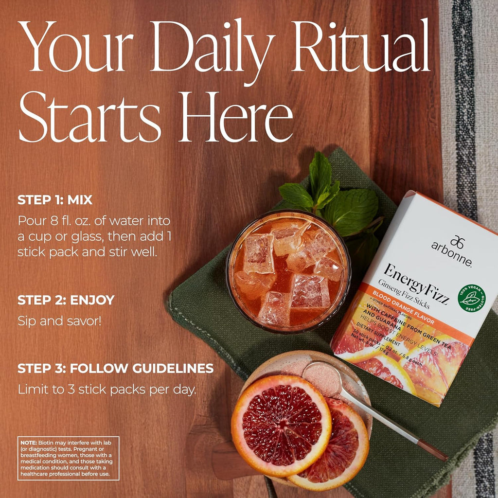 Arbonne Ginseng Energy Supplements - Blood Orange Flavor Fizz Sticks, Energy Boost with Caffeine Powder from Guarana and Green Tea, Delicious Alternative to Caffeine Pills