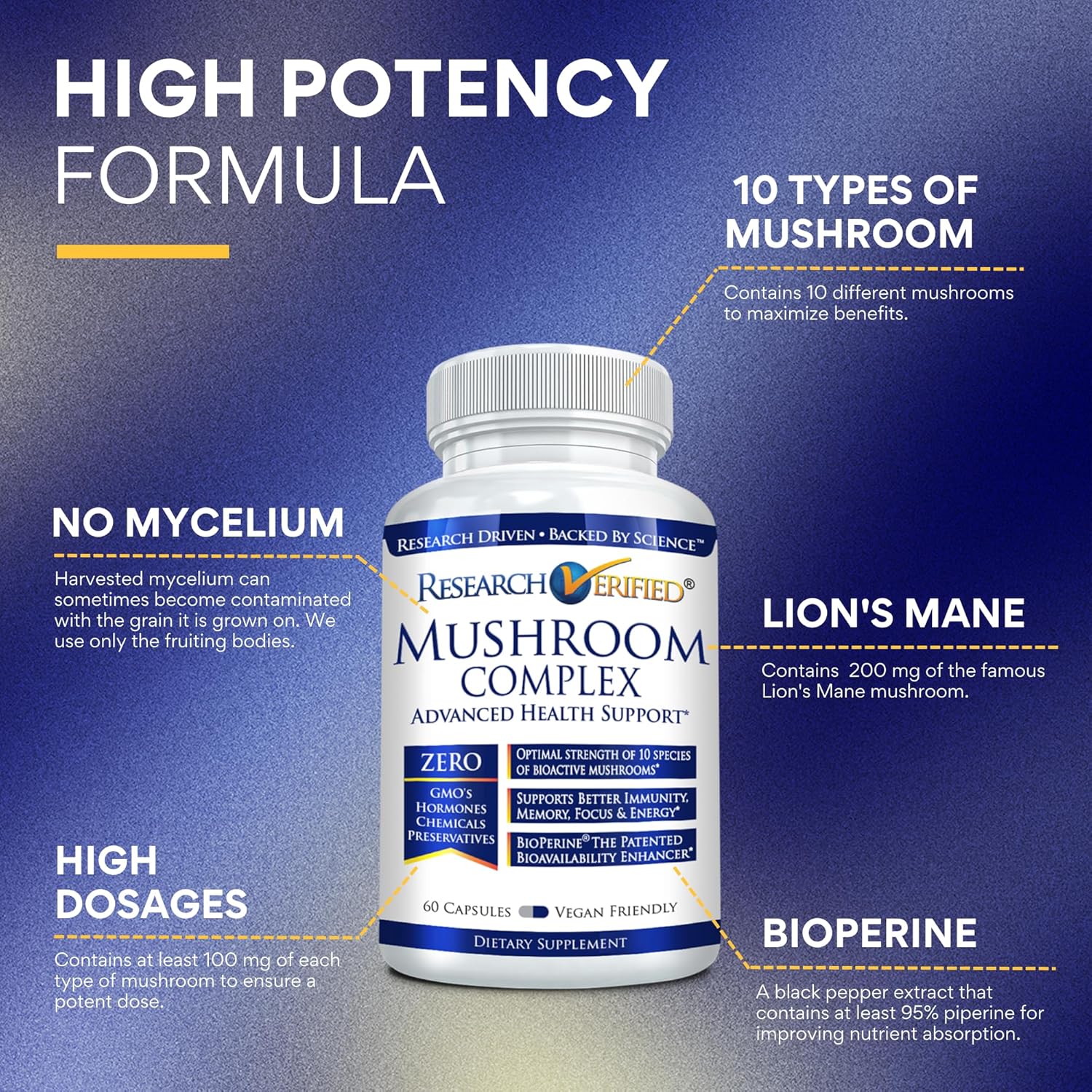 Research Verified Mushroom Complex - Support Immunity, Boost Antioxidants, Improve Cognitive Function - 10 Mushrooms Including Reishi, Maitake, and Shiitake - 180 Capsules - Vegan