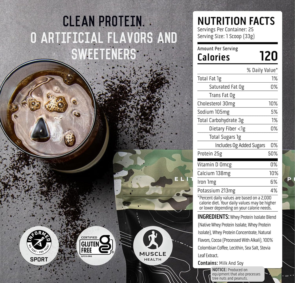 Ascent 100% Whey Protein Powder - Post Workout Whey Protein Isolate, Zero Artificial Flavors & Sweeteners, Gluten Free, 5.5g BCAA, 2.6g Leucine, Military Exclusive, Mocha Cold Brew 1.7 lb