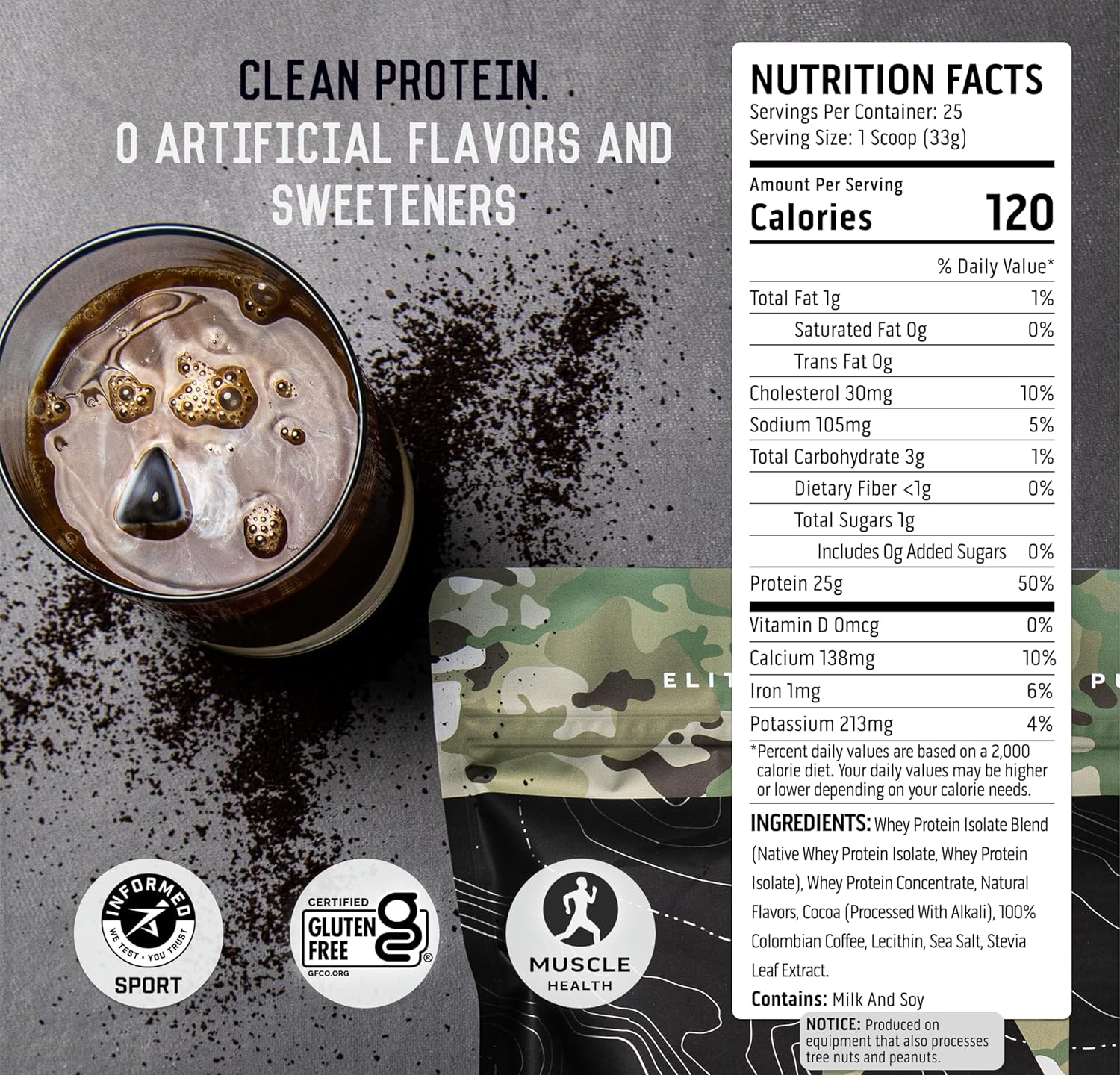 Ascent 100% Whey Protein Powder - Post Workout Whey Protein Isolate, Zero Artificial Flavors & Sweeteners, Gluten Free, 5.5g BCAA, 2.6g Leucine, Military Exclusive, Mocha Cold Brew 1.7 lb