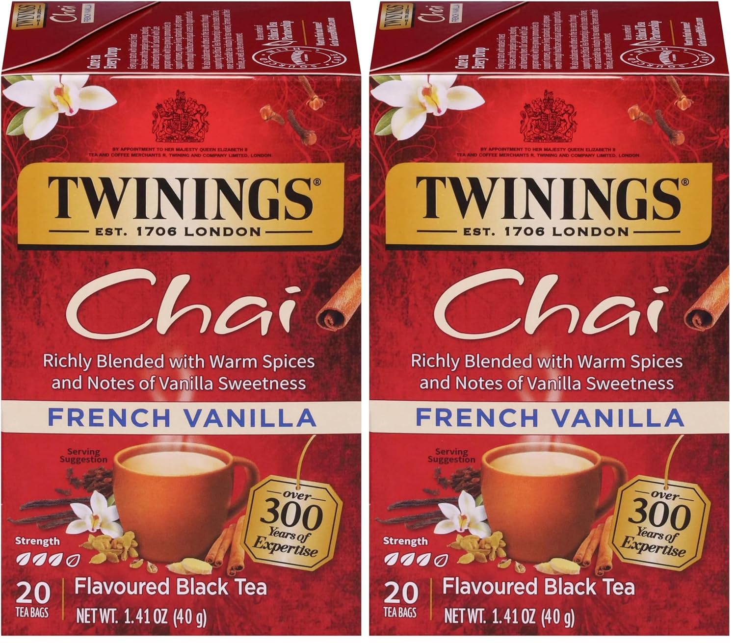 Twinings French Vanilla Chai Black Tea Individually Wrapped Bags, 20 Count (Pack of 2), Warm, Sweet & Spicy, Caffeinated, Enjoy Hot or Iced, 20 Teabags