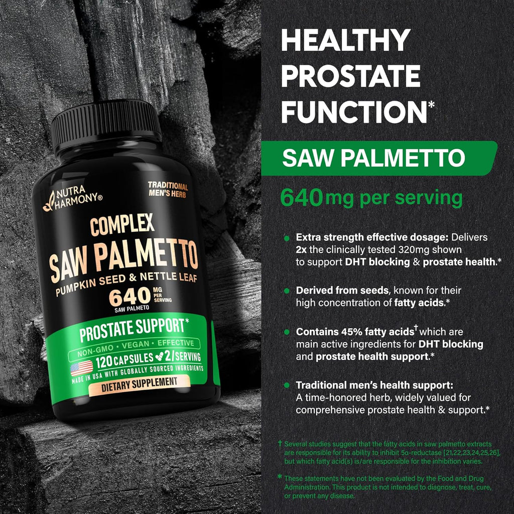 Saw Palmetto for Men 640mg - Pumpkin Seed | Nettle | Zinc & Pygeum - Prostate Health & Urinary Supplement - DHT Blocking & Hair Support - 45% Fatty Acids, Clinical Strength - Made in USA, 120 Capsules