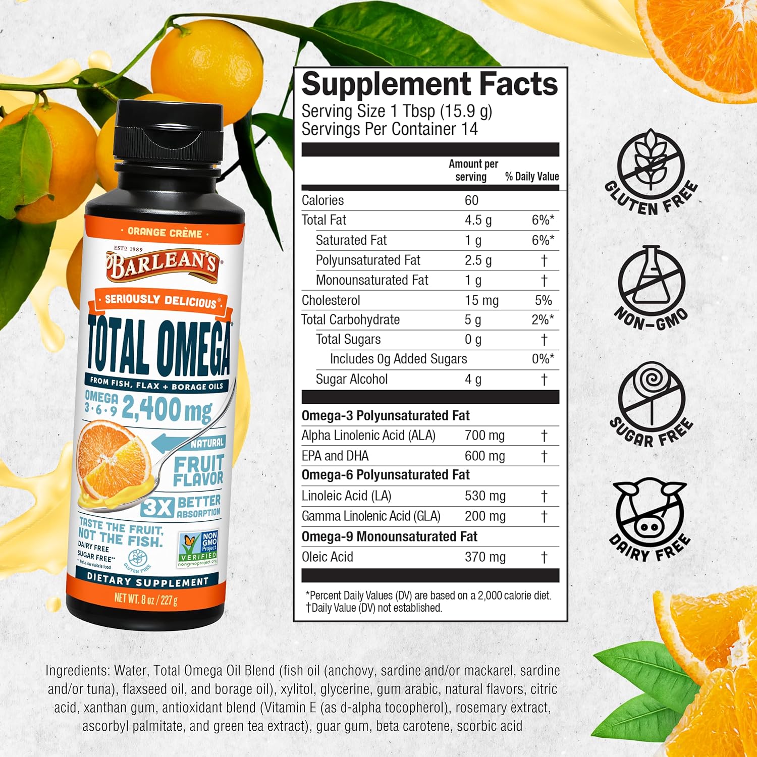 Barlean's Total Omega 3 6 9 Orange Crème Liquid Fish Oil Supplement with Borage and Flaxseed Oil, 2,400 mg of Omegas EPA and DHA Plus GLA for Joint and Heart Health, 8 oz