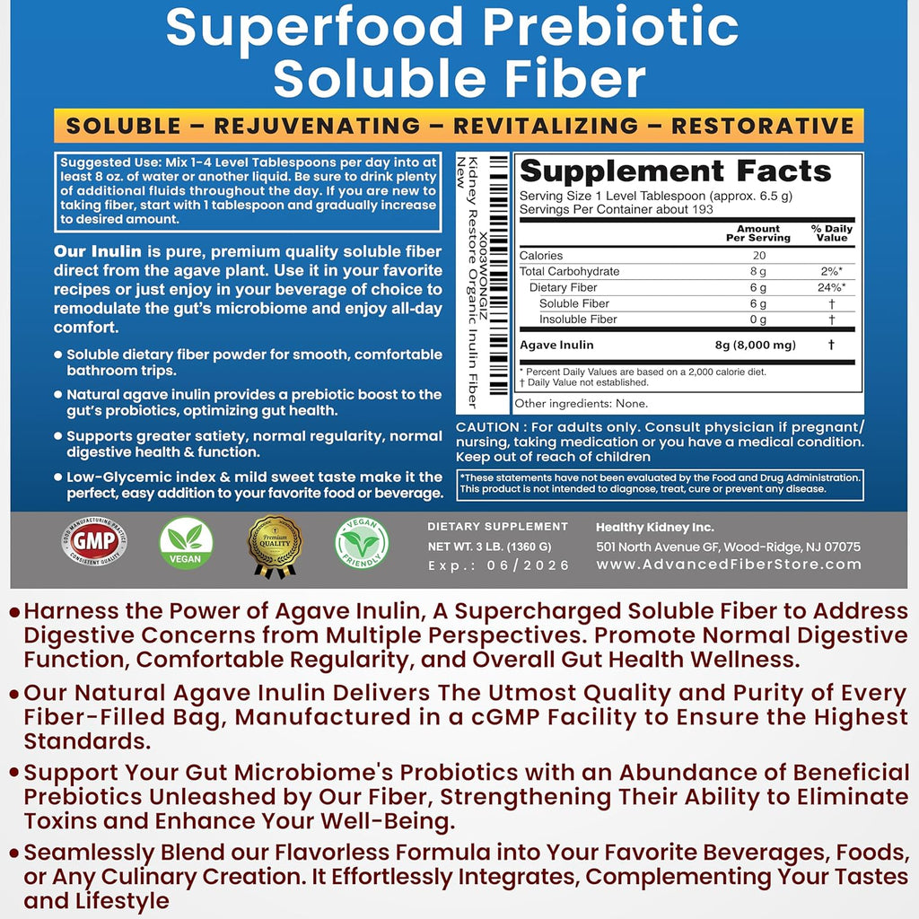 Organic Inulin Powder (48oz/3 lbs) Gentle Agave Prebiotic Soluble Fiber Supplement for Digestive Support, Gut Health, Vegan Baking, Smoothies & Drinks