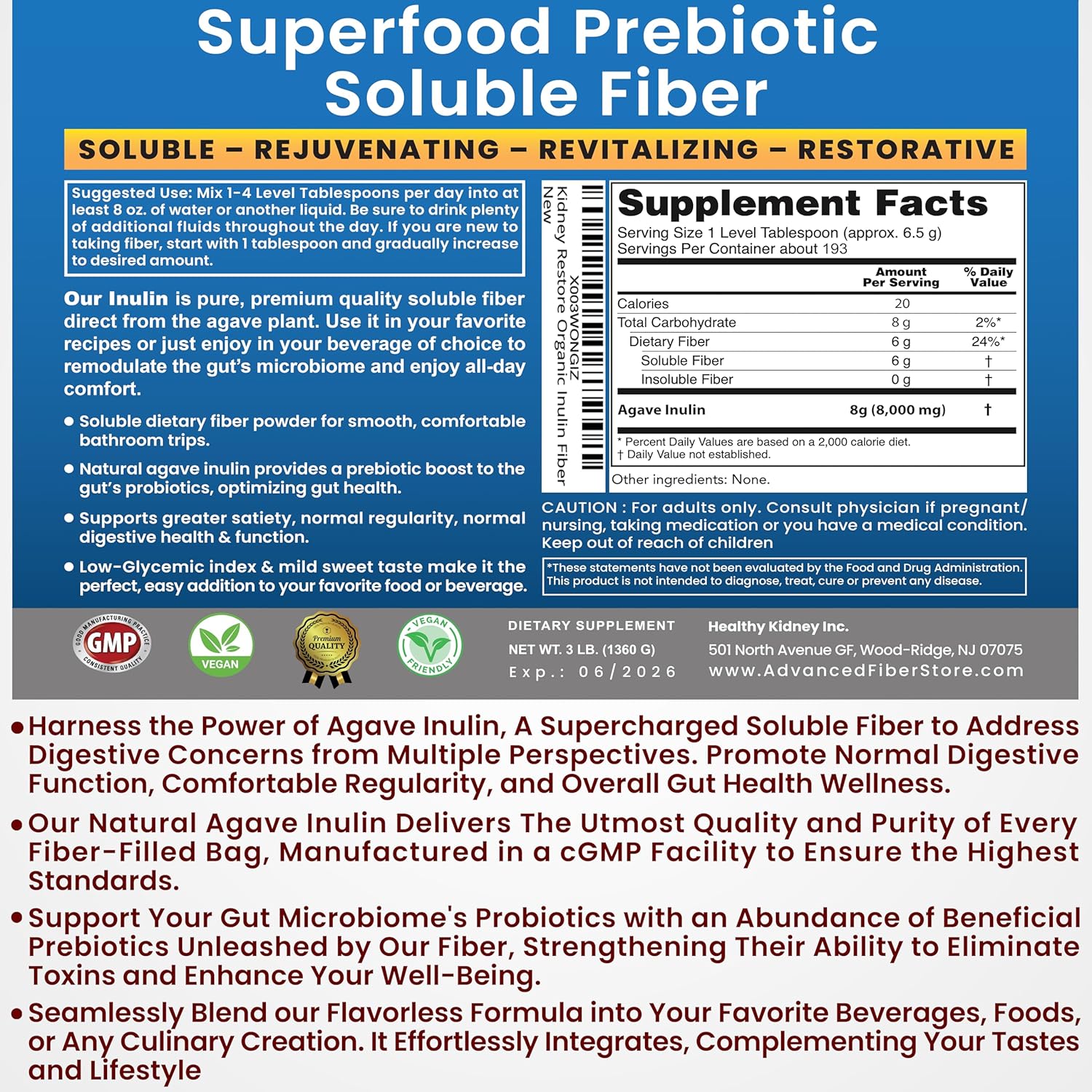 Inulin Powder (96oz/6 lbs) Gentle Agave Prebiotic Soluble Fiber Supplement for Digestive Support, Gut Health, Vegan Baking, Smoothies & Drinks