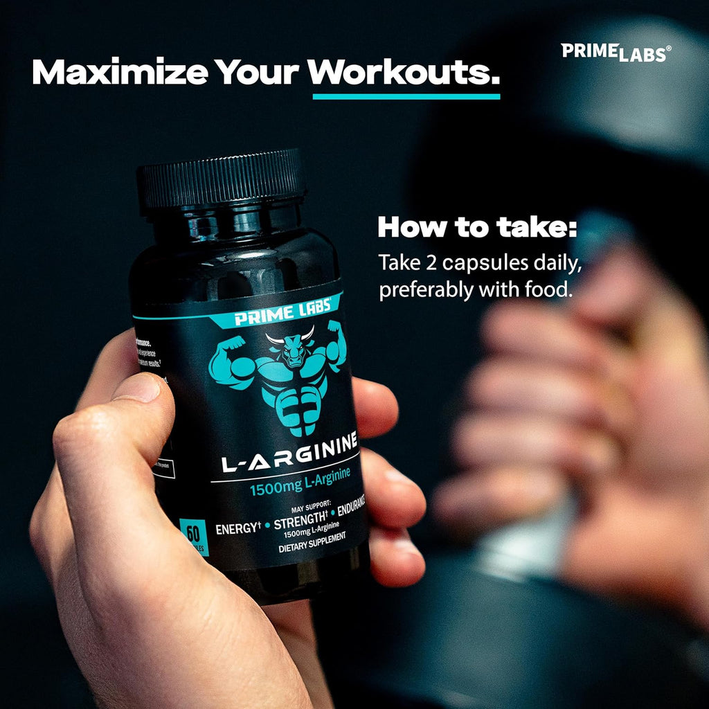 Prime Labs L Arginine 1500mg - Nitric Oxide Supplement - Blood Flow, Energy, Strength, Endurance - 60 Count