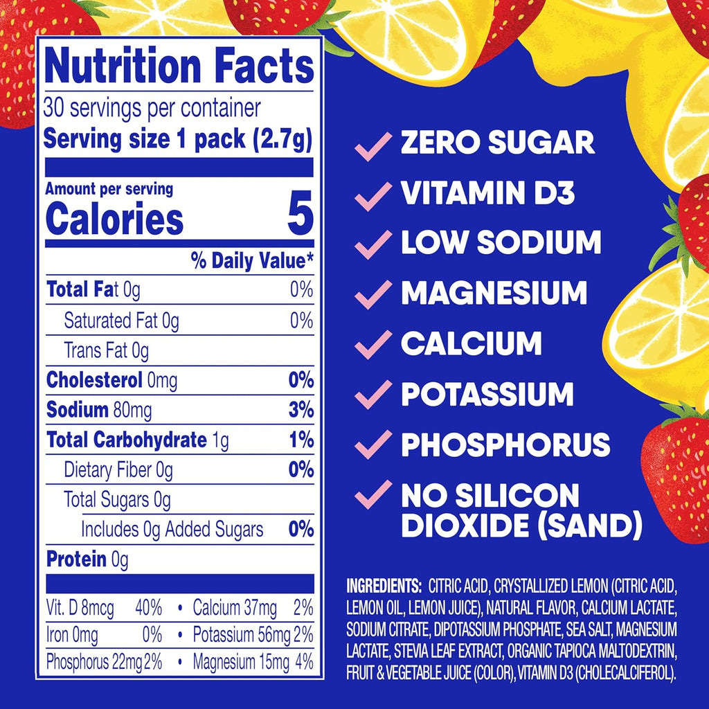 GoHydrate Low Sodium Electrolytes Powder Packets Sugar Free - Instant Hydration Daily Drink Mix - Zero Sugar Water Flavor Packet Singles with Vitamin D - (Strawberry Lemonade, 30 Packs)