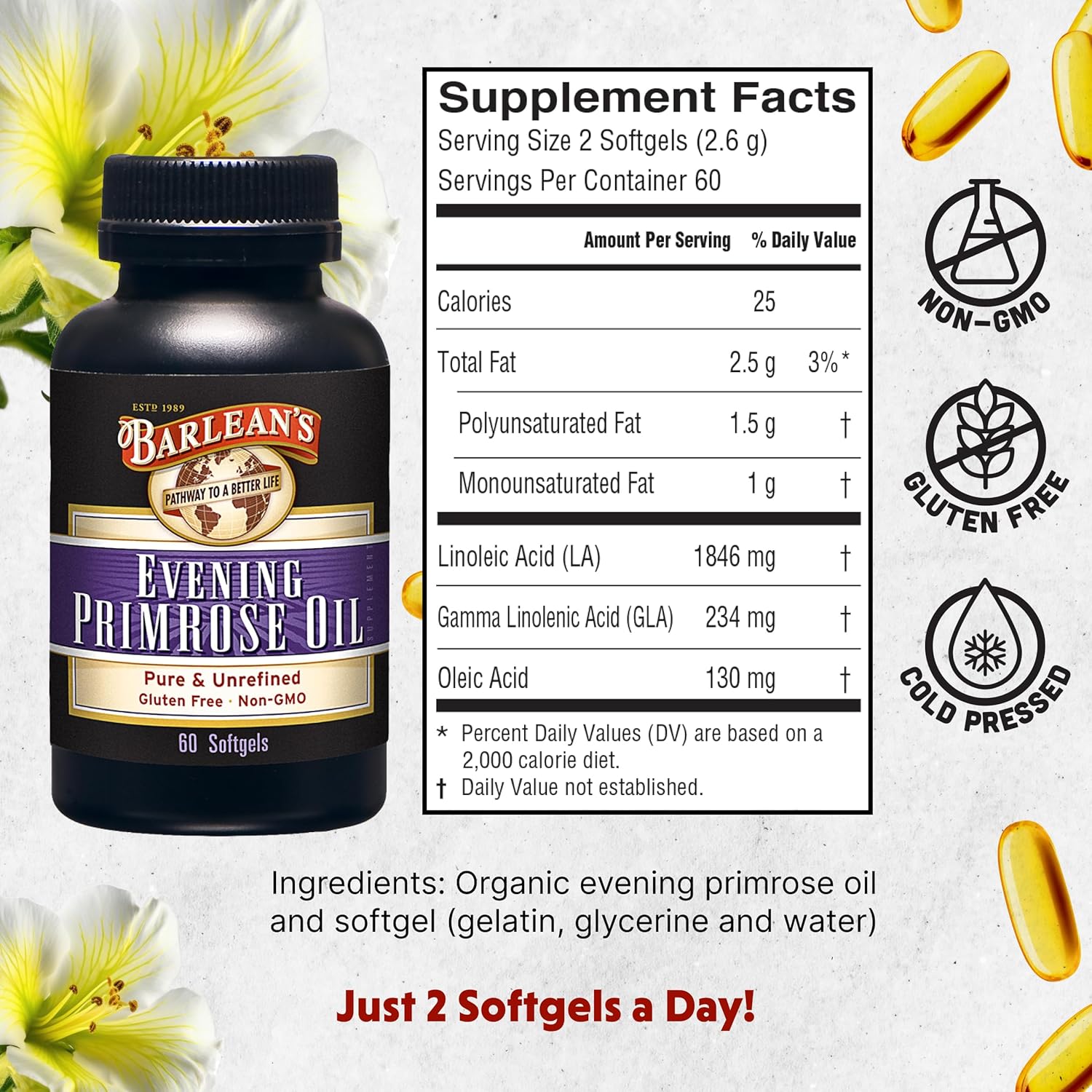 Barlean's Evening Primrose Oil Softgels with Gamma-Linolenic Acid (GLA) - Non-GMO, Gluten-Free - 60-Softgels
